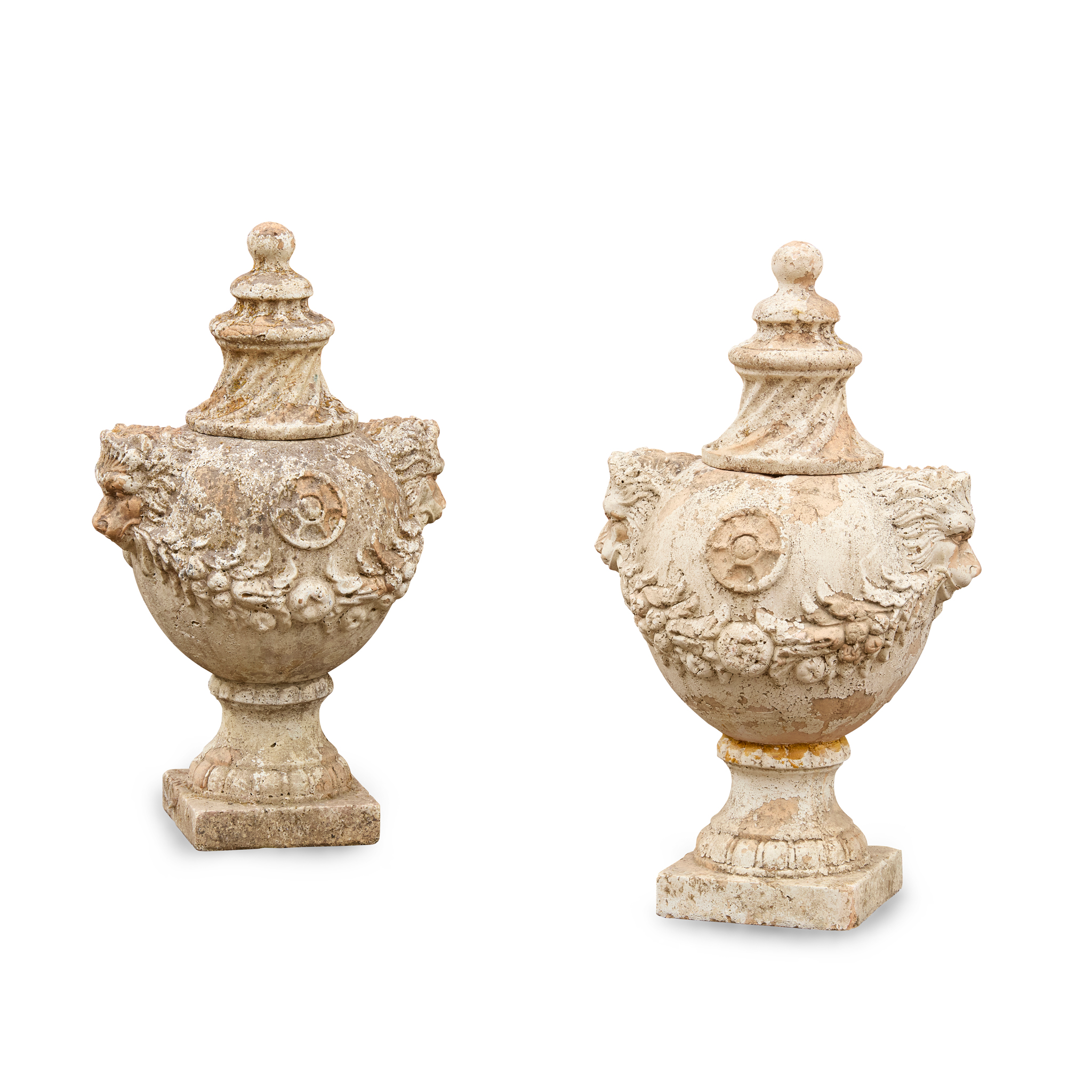 PAIR OF PAINTED TERRACOTTA GARDEN URNS AND COVERS