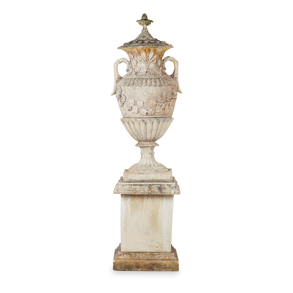 LARGE COMPOSITION AND CAST STONE COVERED URN AND STAND