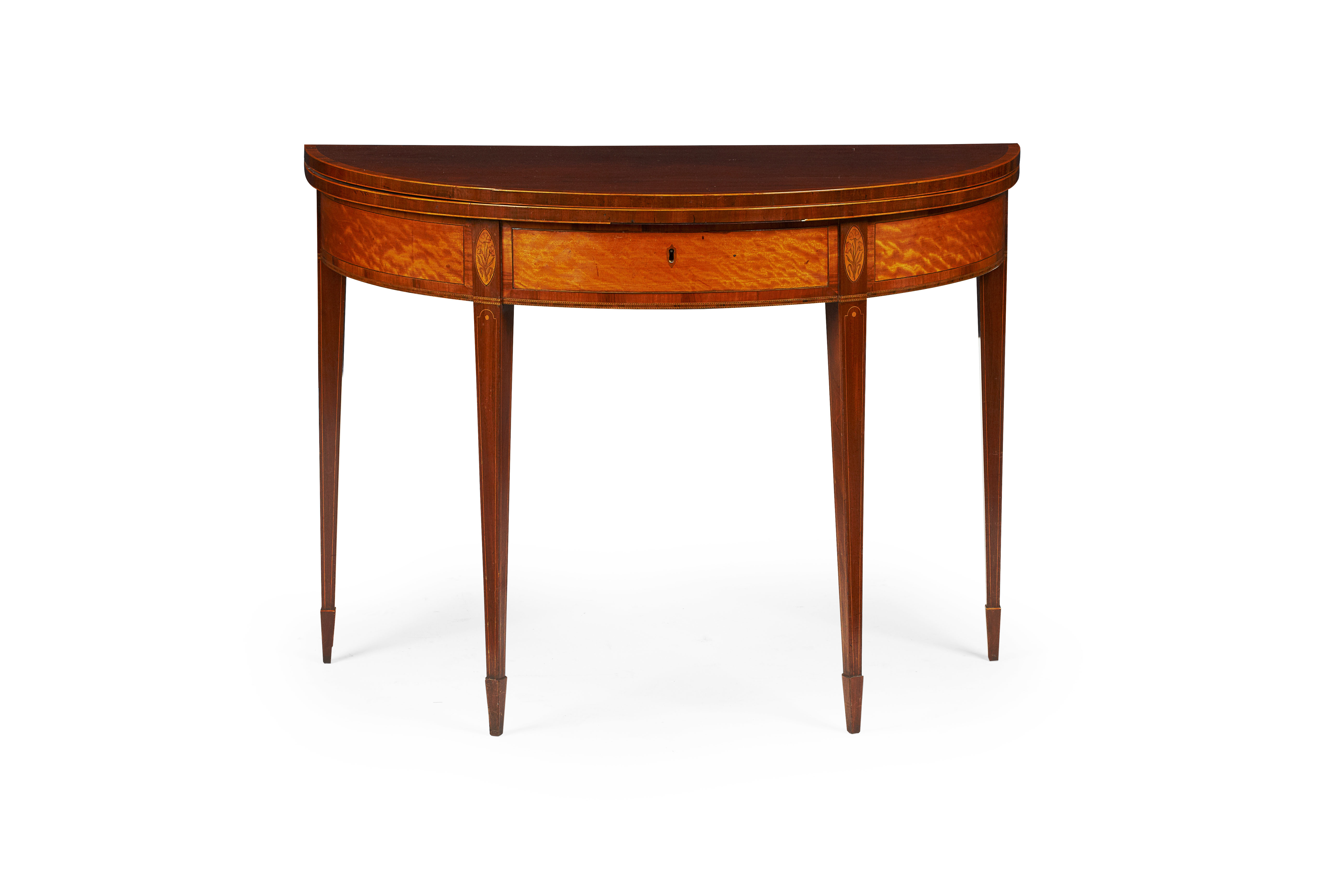 GEORGE III SCOTTISH MAHOGANY AND SATINWOOD FOLDOVER TEA TABLE