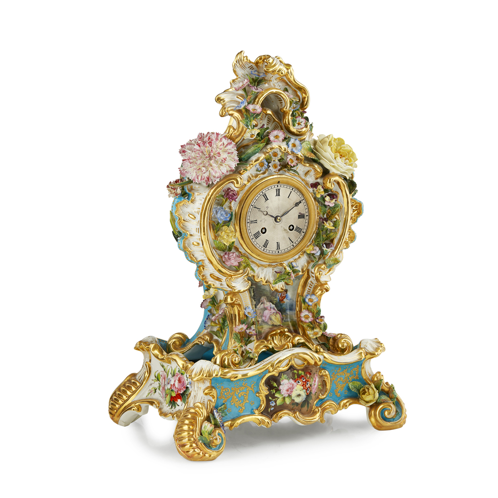 FRENCH JACOB PETIT PORCELAIN FLOWER ENCRUSTED MANTEL CLOCK AND STAND