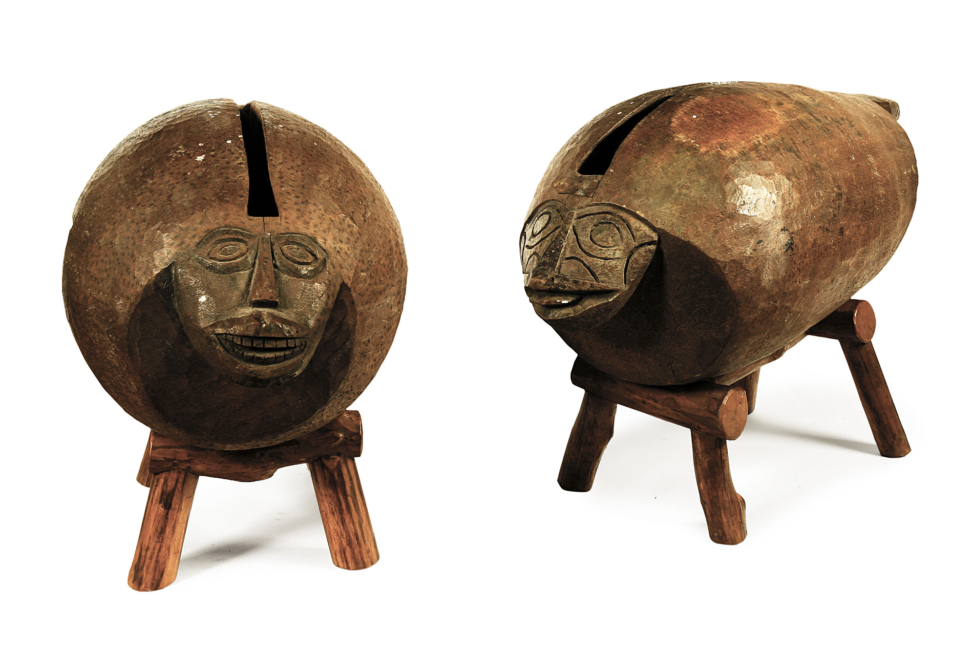 PAIR OF TRIBAL HARDWOOD DRUMS