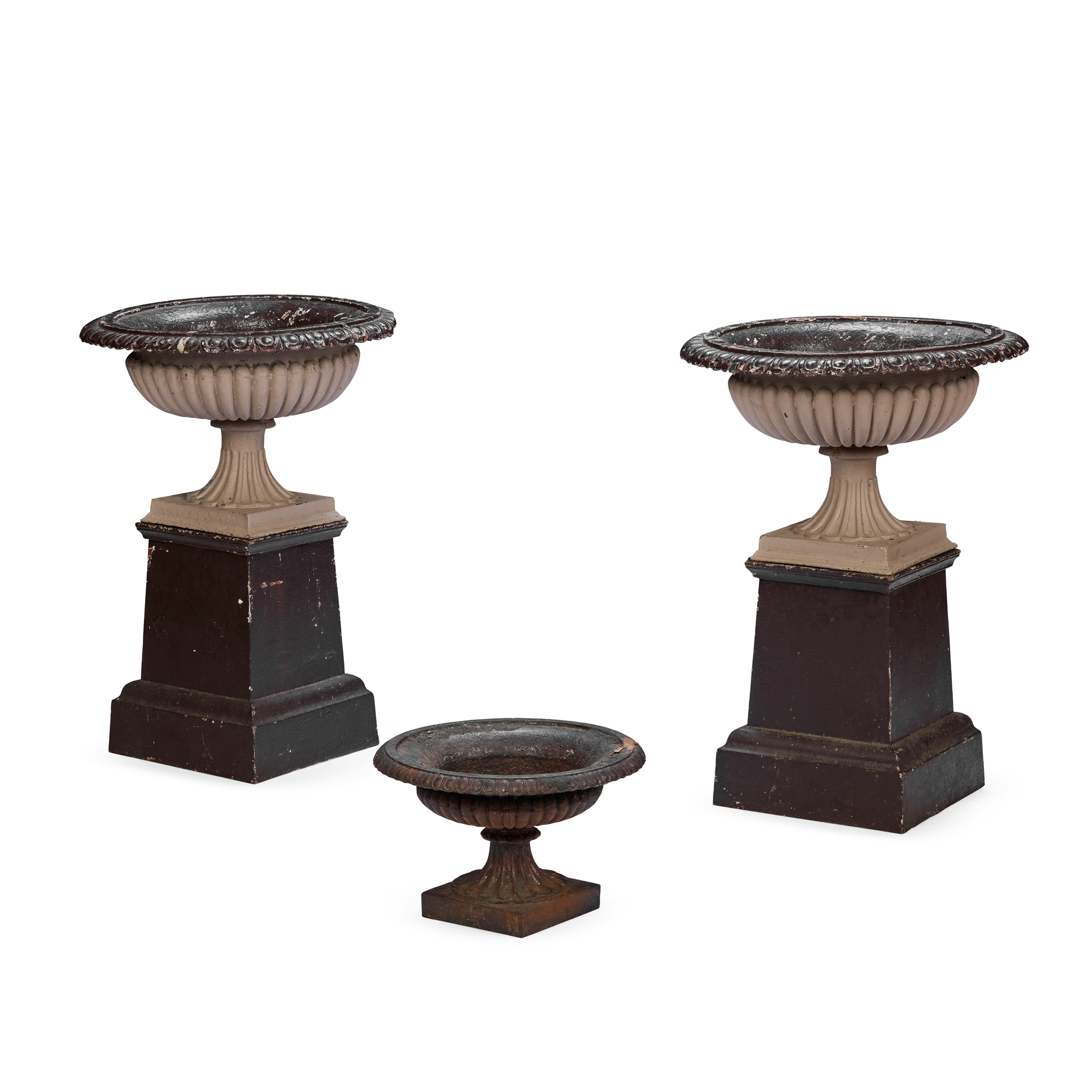 PAIR OF VICTORIAN PAINTED CAST IRON URNS AND PEDESTALS