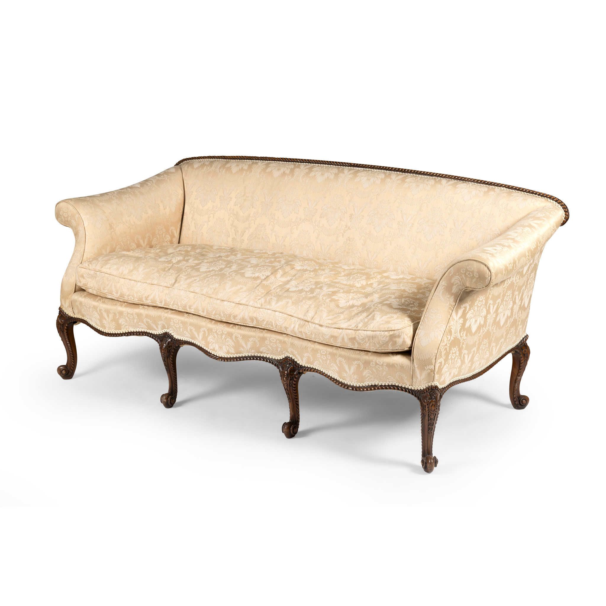 A MAHOGANY FRAMED THREE SEAT SOFA AND TWO ARMCHAIRS