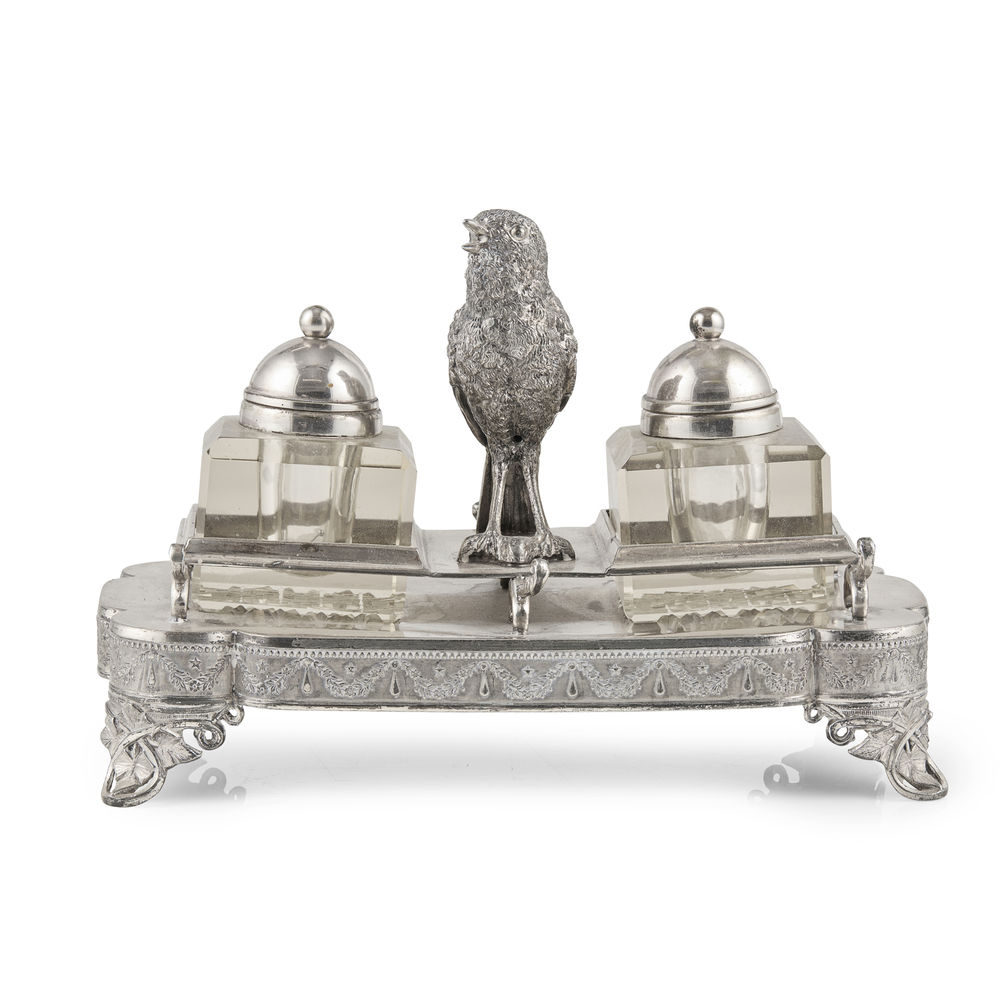 LATE VICTORIAN SILVER-PLATED PRESENTATION INK WELL