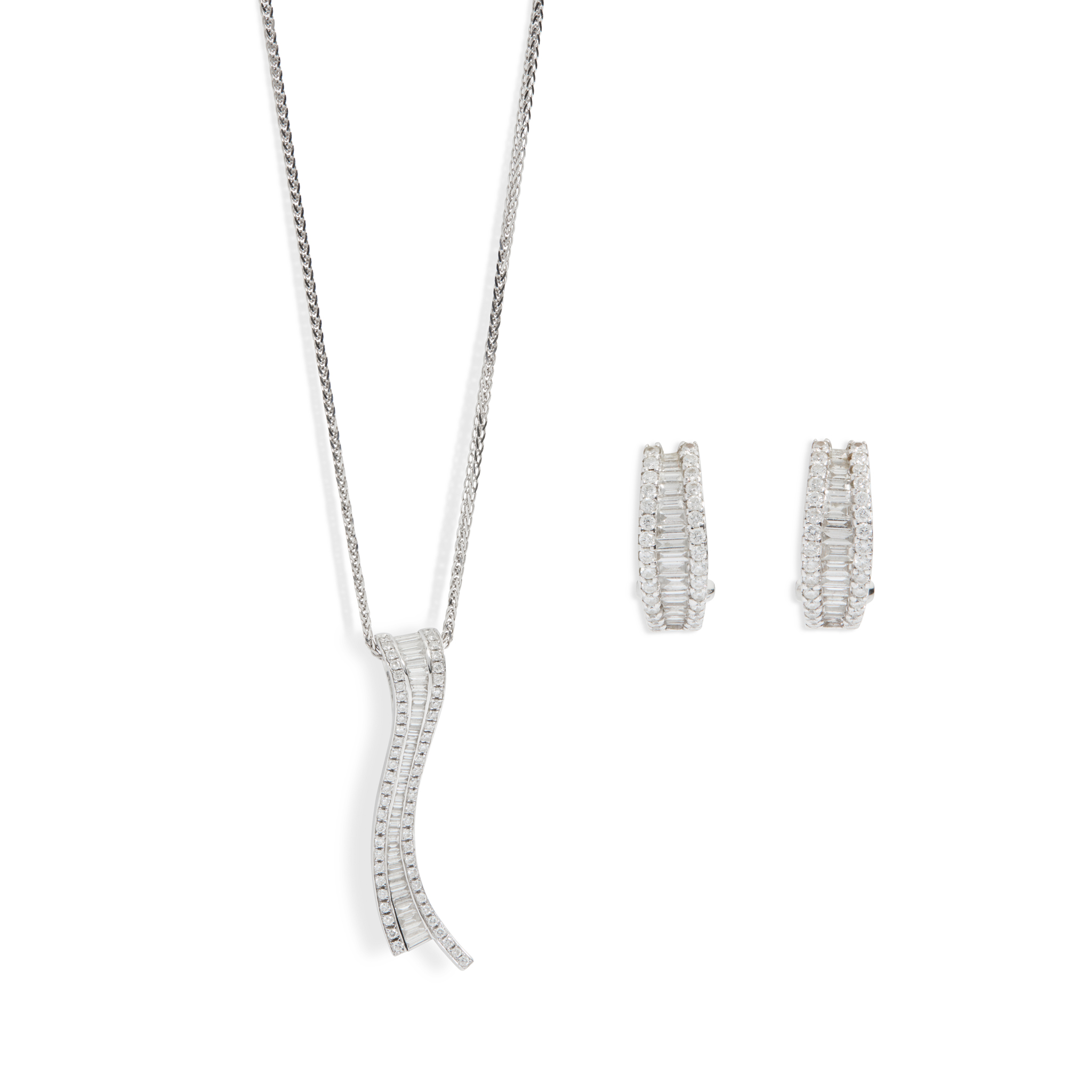 A pair of diamond earrings and a matching pendant necklace