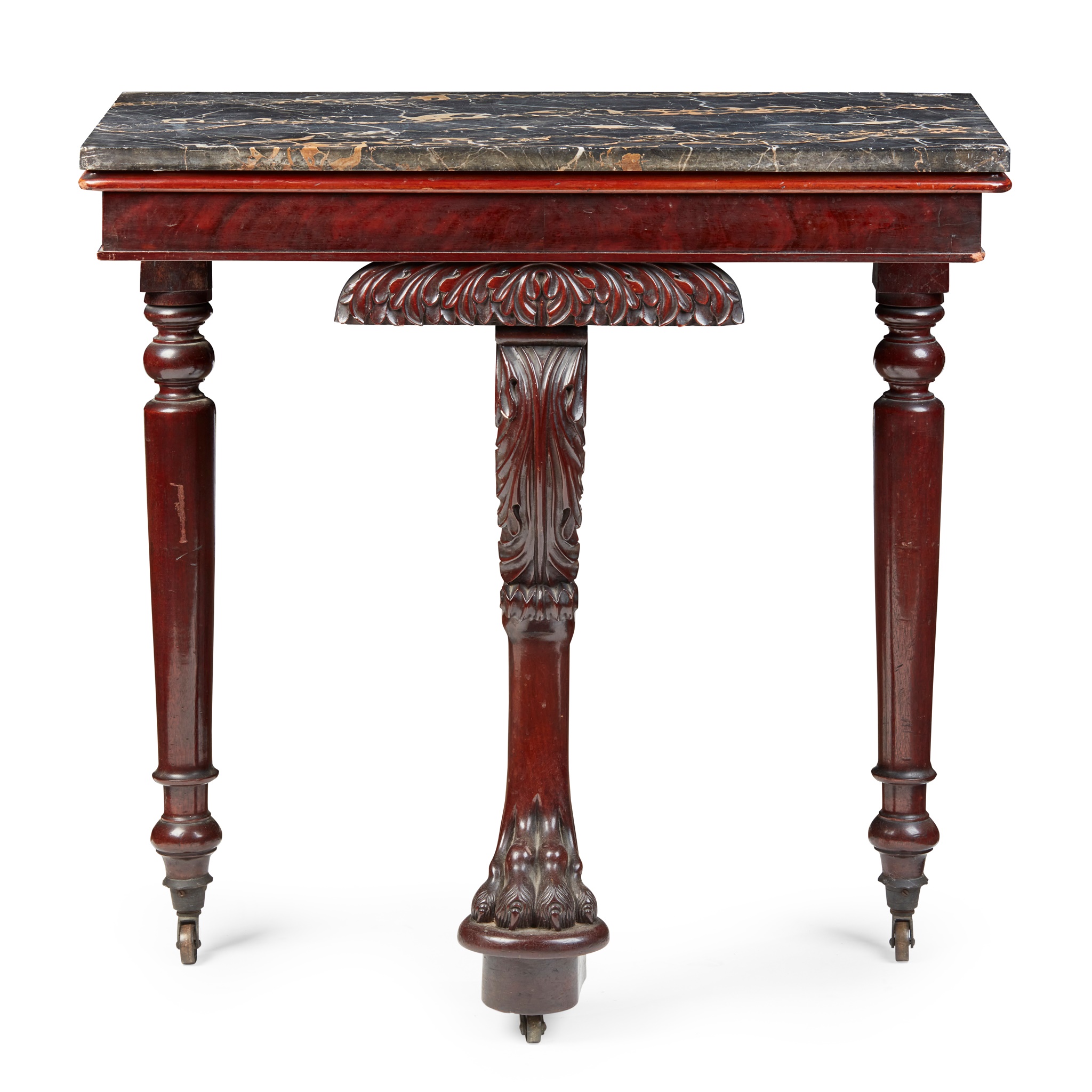 WILLIAM IV MAHOGANY AND PORTORO MARBLE TOPPED CONSOLE TABLE