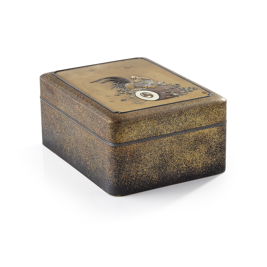 SHIBAYAMA-INLAID LACQUERED 'KANKODORI' BOX AND COVER