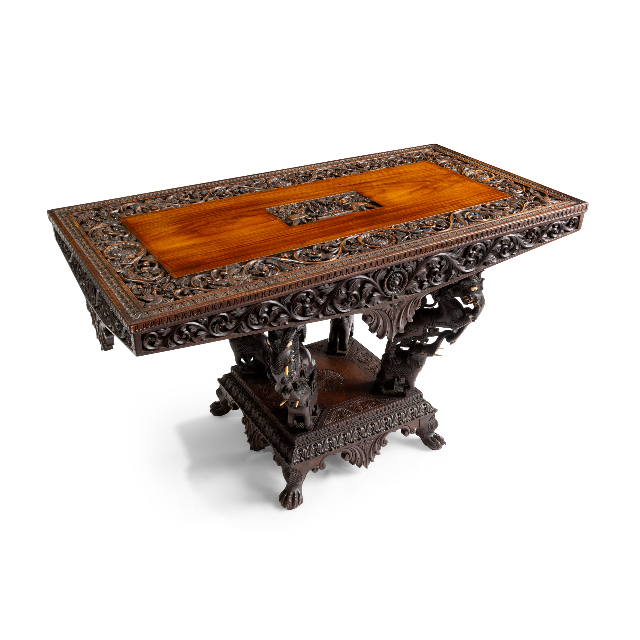 A FINELY CARVED ROSEWOOD, EBONY AND IVORY CENTRE TABLE
