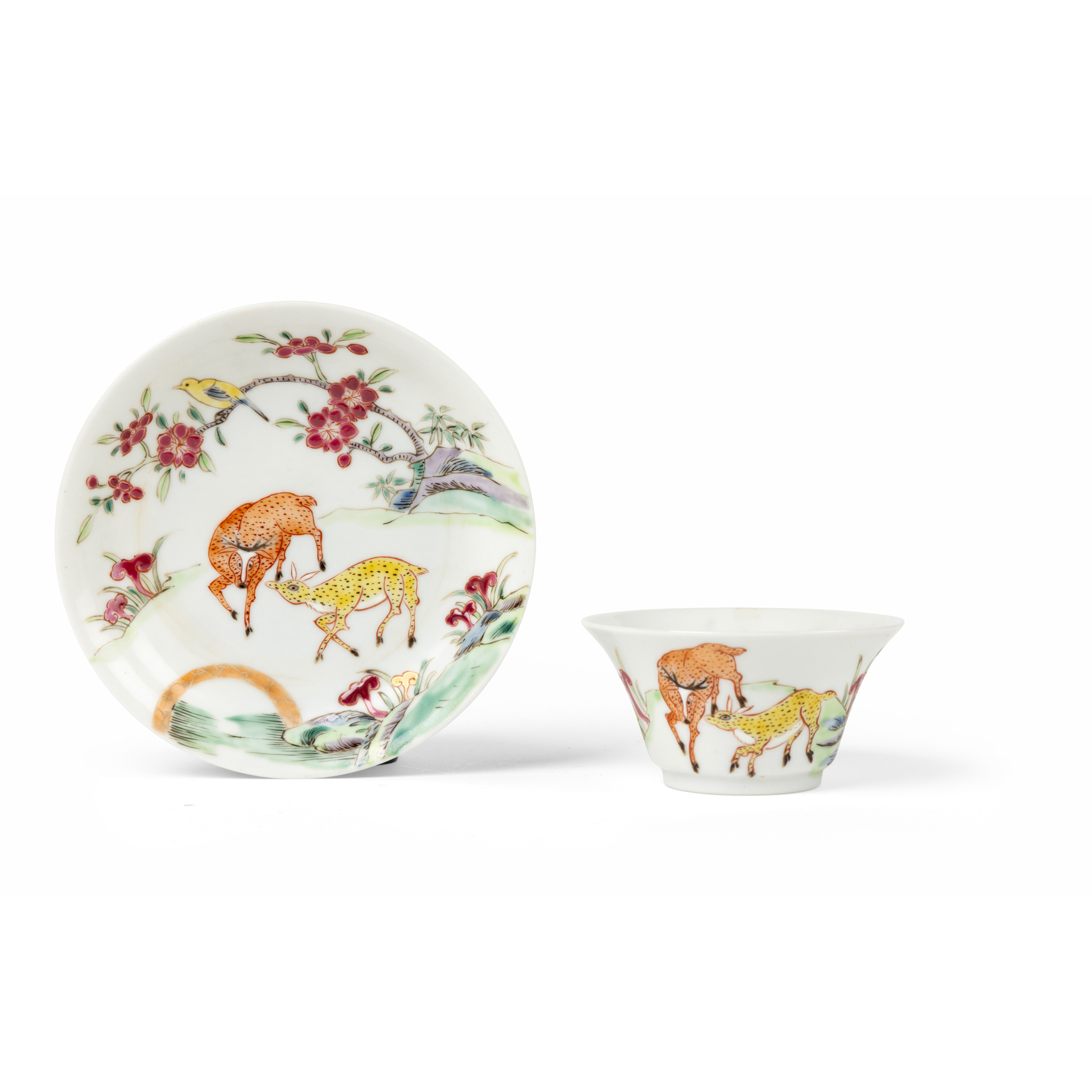 SET OF CHINESE FAMILLE ROSE 'DEER' CUP AND SAUCER