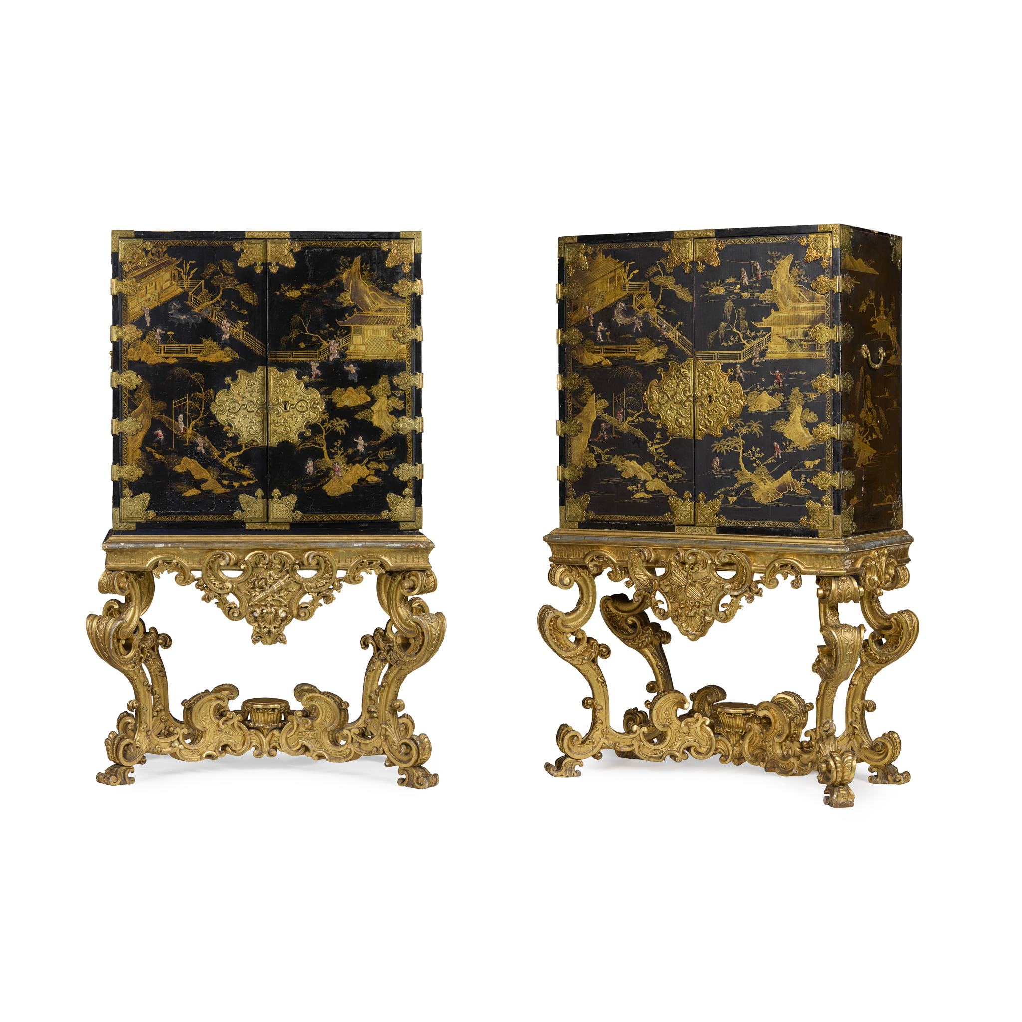 PAIR OF CHINESE BLACK LACQUER, GILT, AND HARDSTONE MOUNTED CABINETS-ON-STANDS