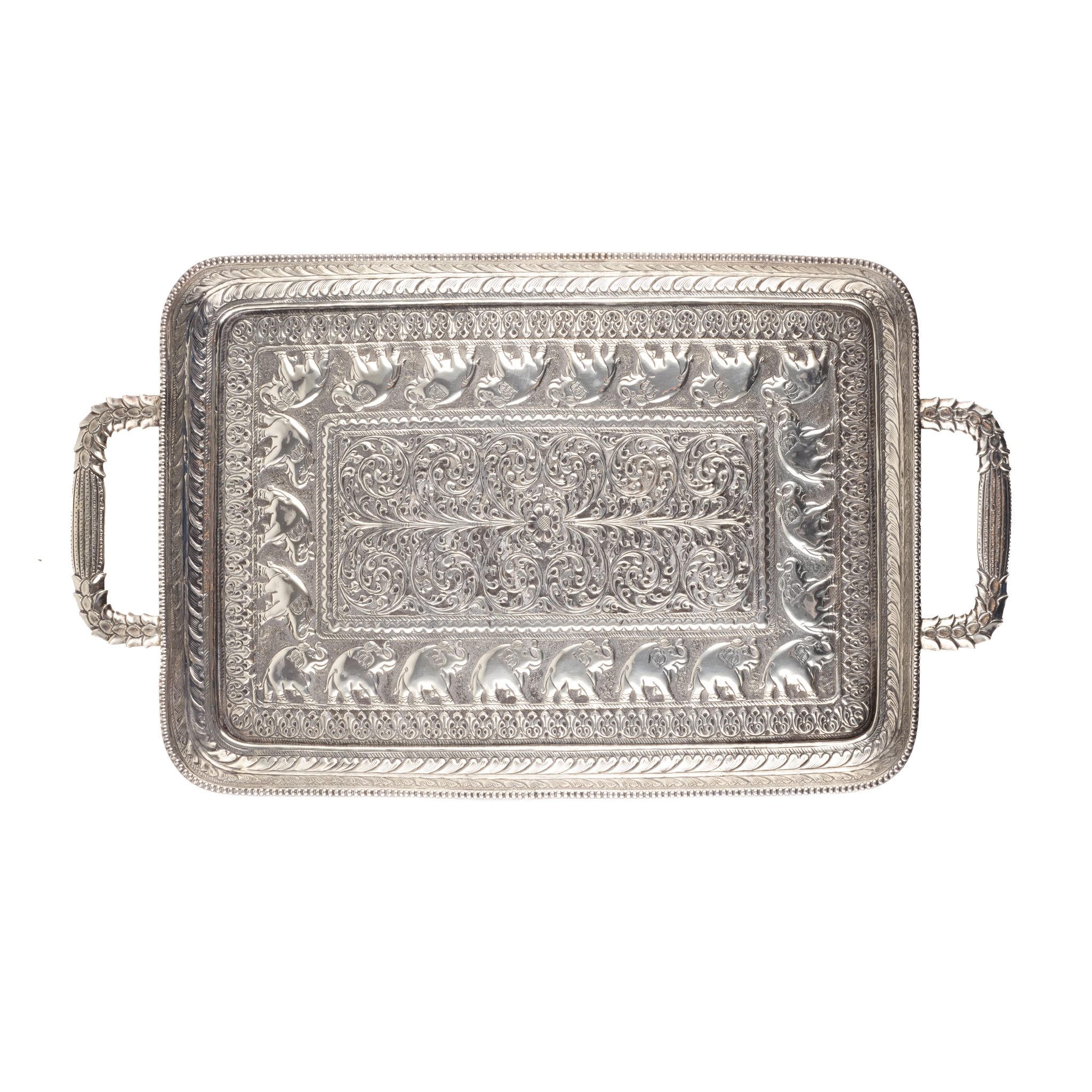 INDIAN UNMARKED SILVER EMBOSSED TRAY