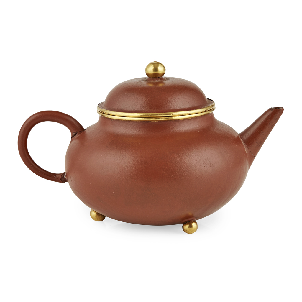 GOLD-MOUNTED YIXING STONEWARE TEAPOT