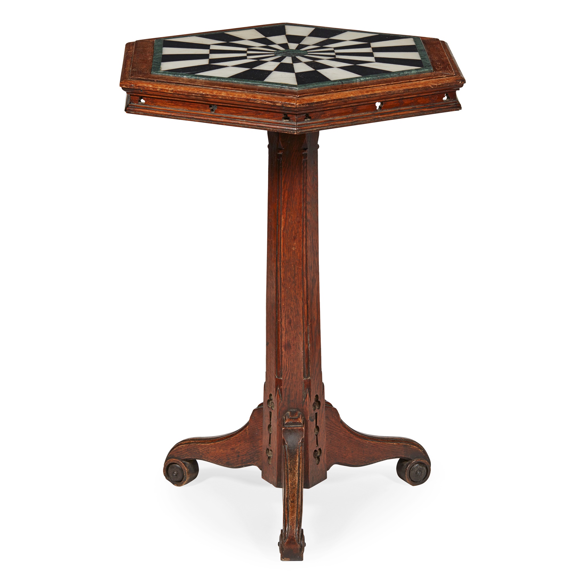 VICTORIAN GOTHIC REVIVAL OAK AND MARBLE LAMP TABLE