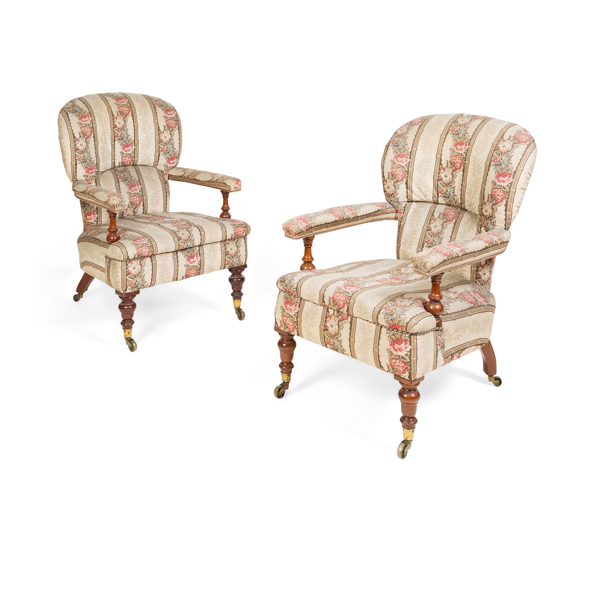 PAIR OF VICTORIAN MAHOGANY UPHOLSTERED ARMCHAIRS