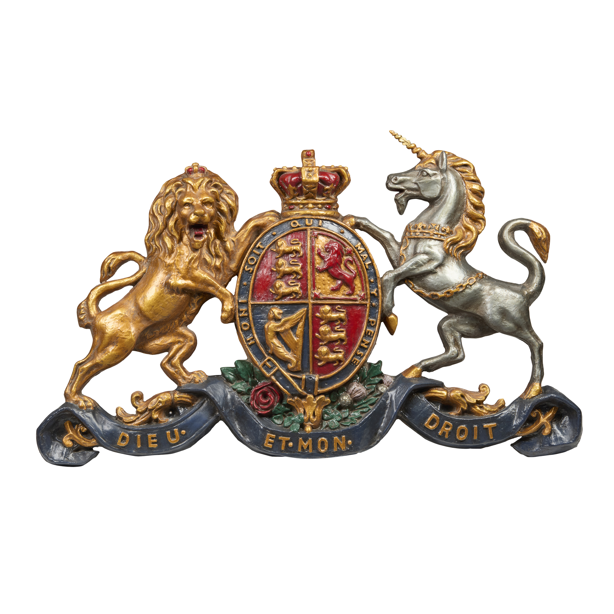 LARGE PAINTED AND PARCEL-GILT FIBREGLASS ROYAL COAT OF ARMS