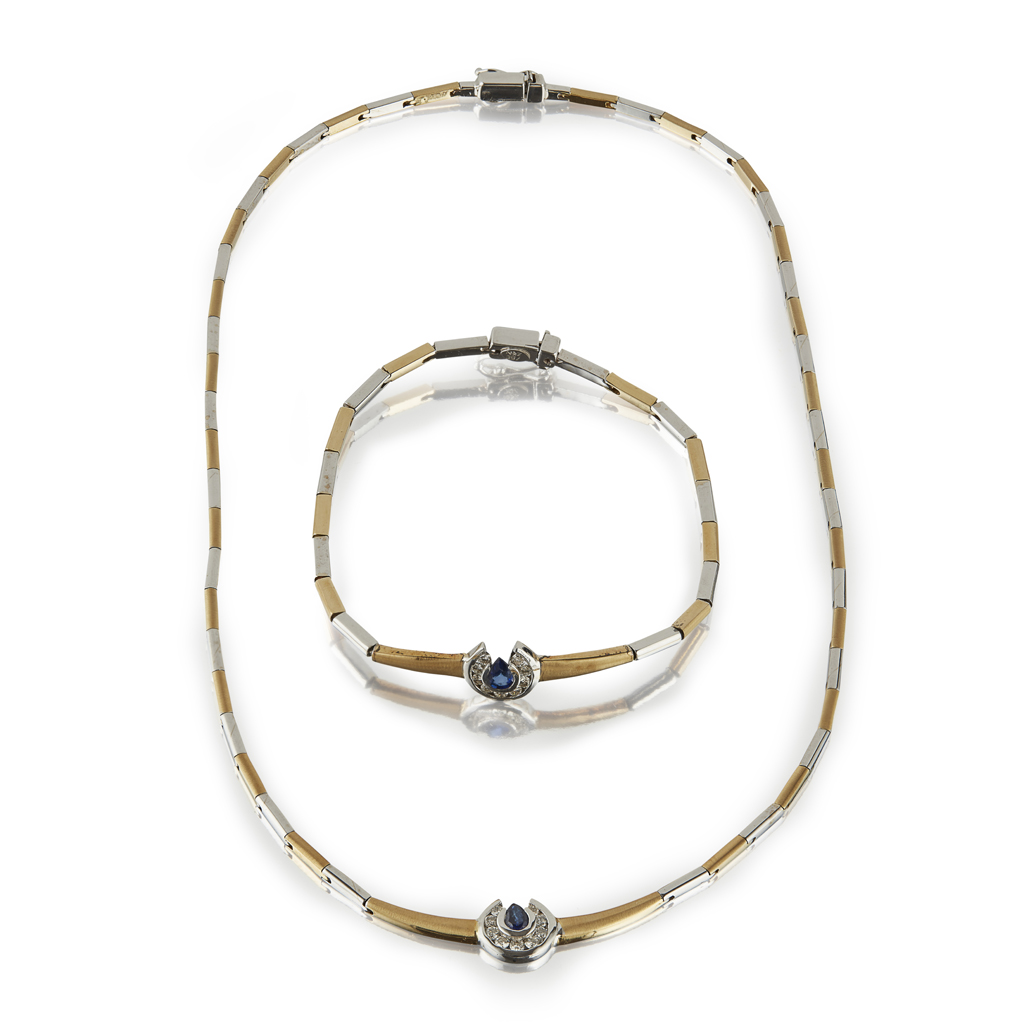 A contemporary sapphire and diamond set necklace and bracelet