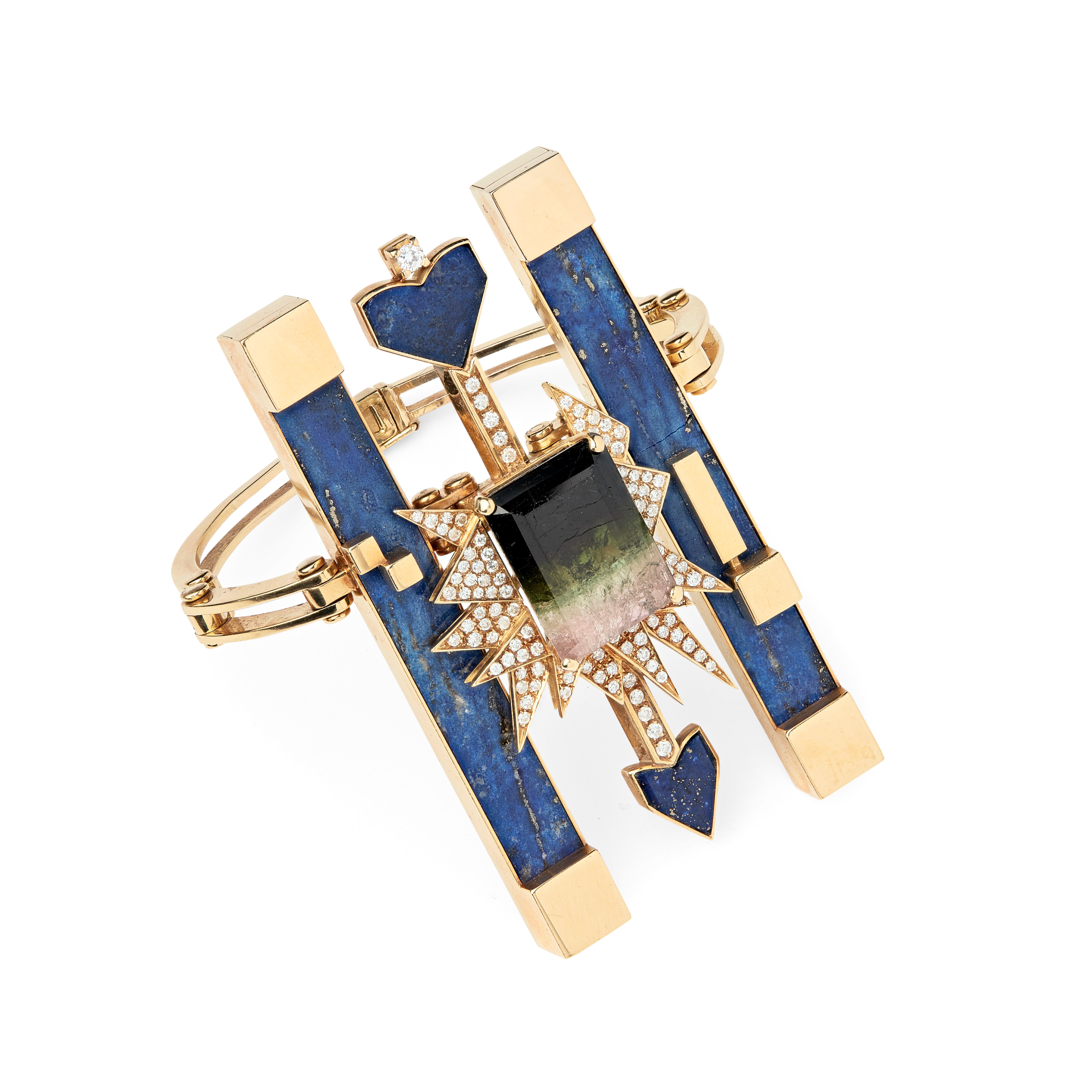 A watermelon tourmaline, lapis lazuli and diamond bangle
