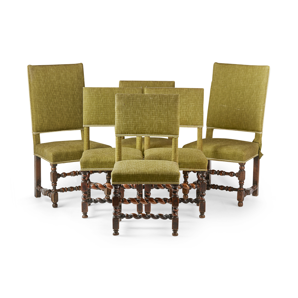 ASSEMBLED SET OF SIX WILLIAM AND MARY WALNUT UPHOLSTERED DINING CHAIRS