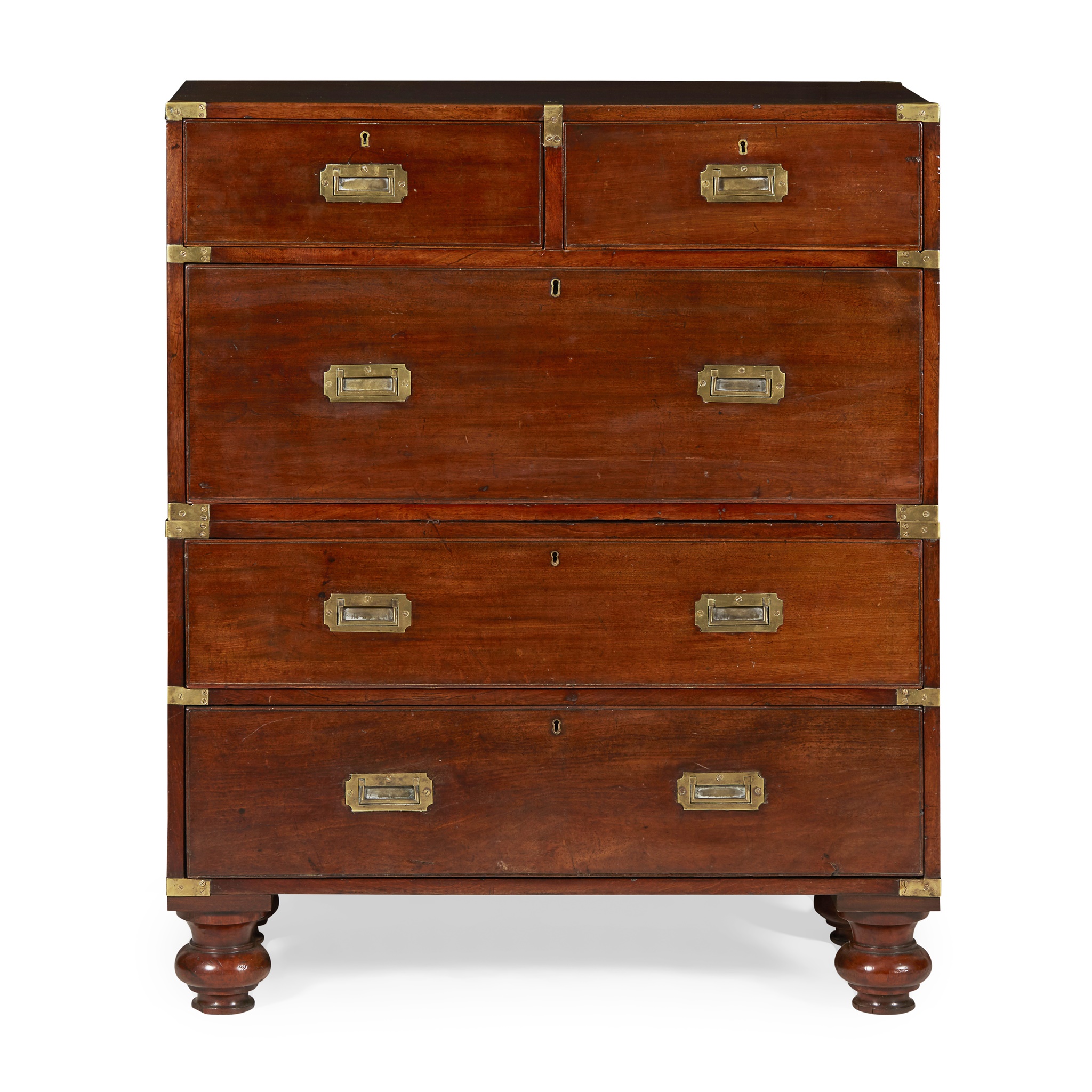 MAHOGANY AND BRASS CAMPAIGN CHEST OF DRAWERS