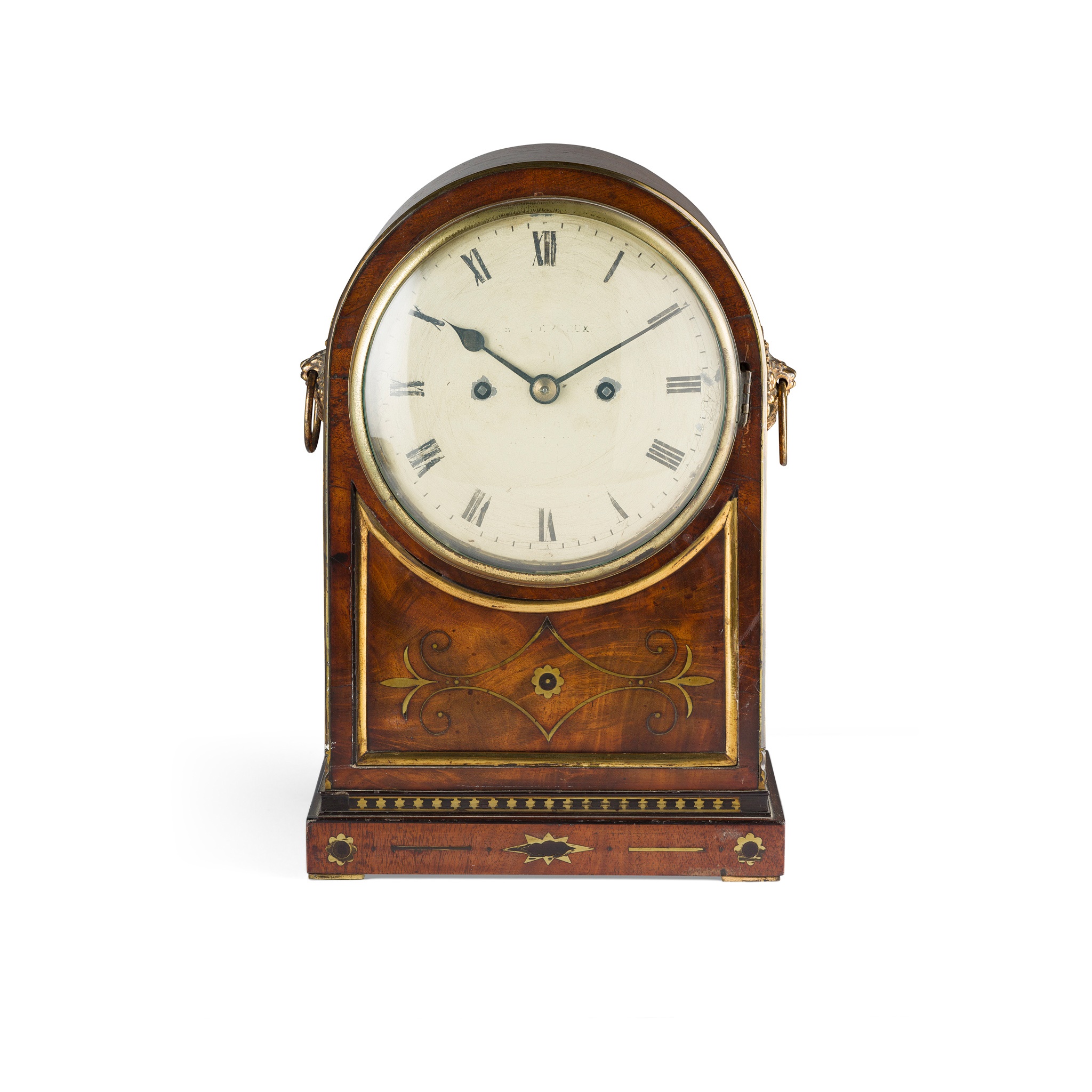LATE REGENCY MAHOGANY, EBONY, AND BRASS INLAID MANTEL CLOCK, BY MOLYNEUX, LONDON
