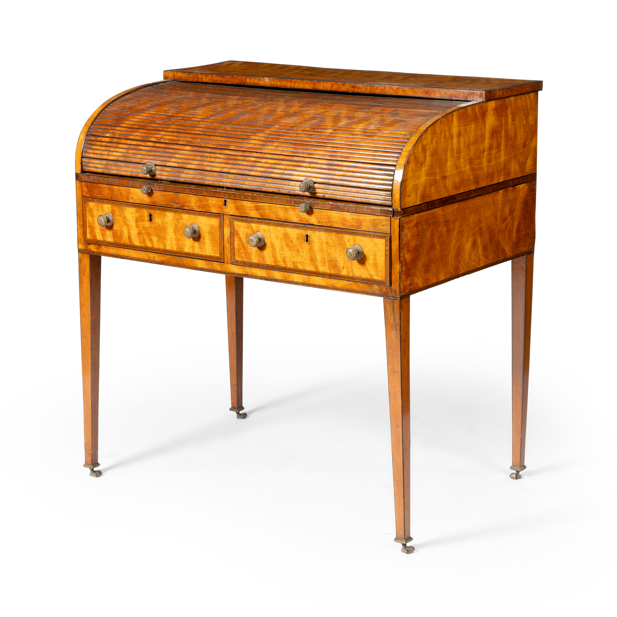 A SATINWOOD AND MAHOGANY CROSSBANDED ROLL TOP DESK