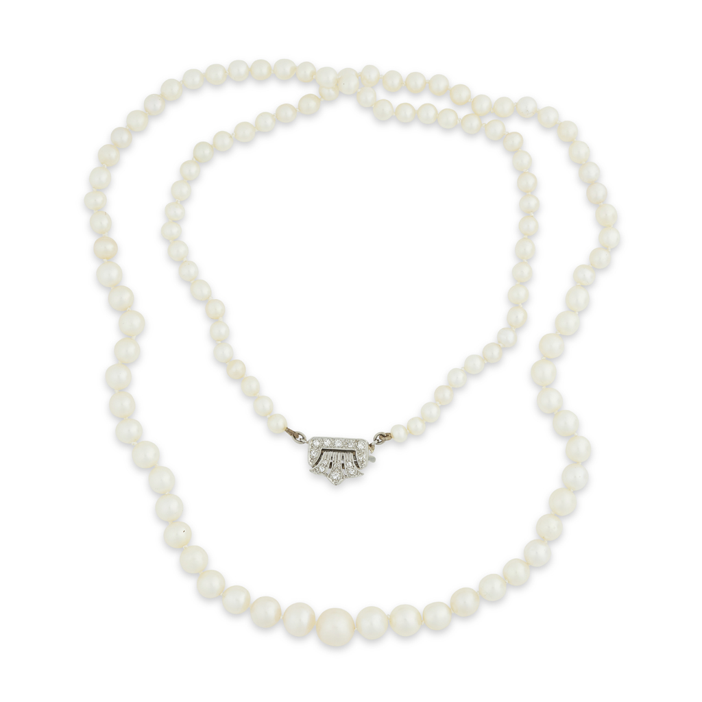 A 1920s natural pearl and diamond set necklace
