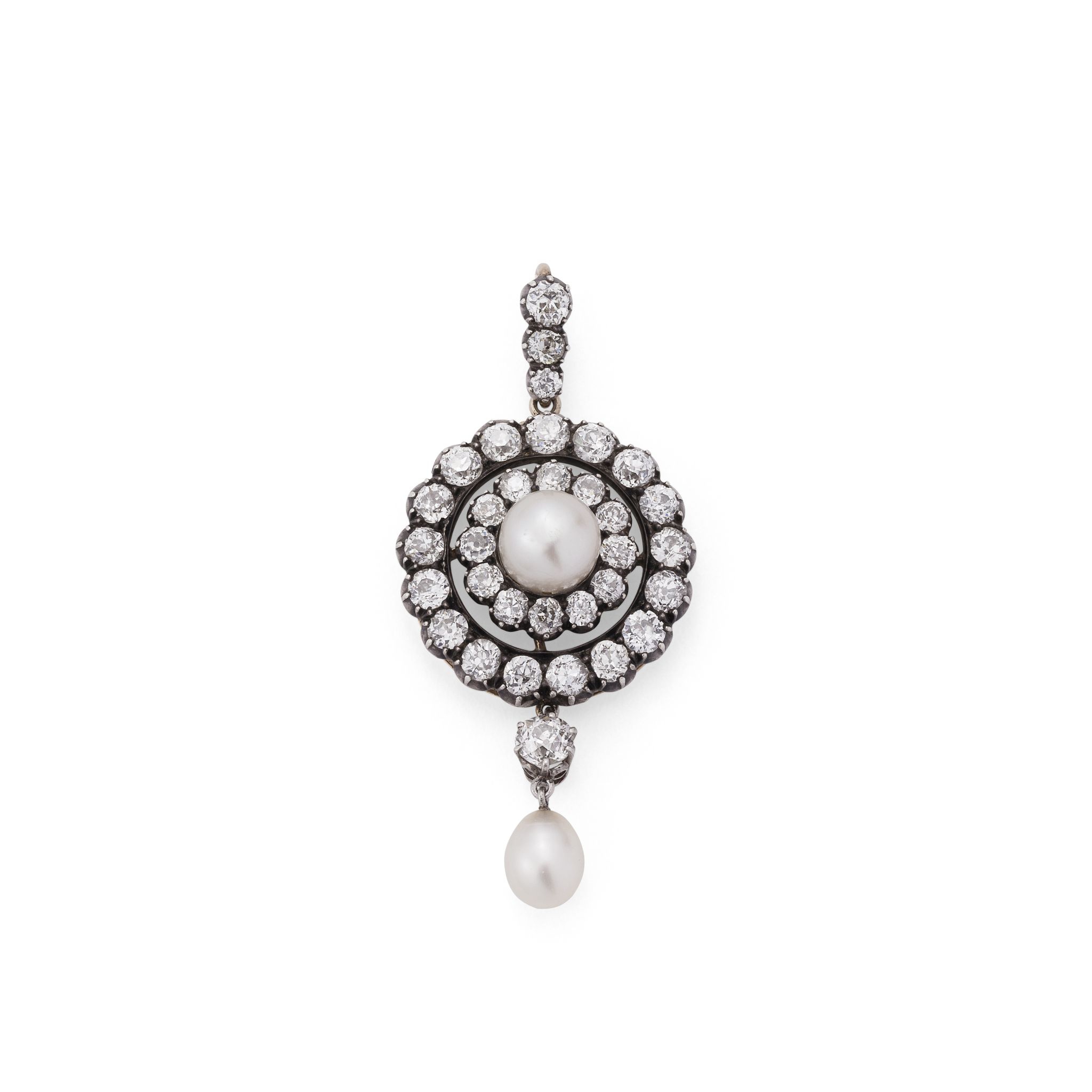 A late 19th century natural pearl and diamond pendant, circa 1890