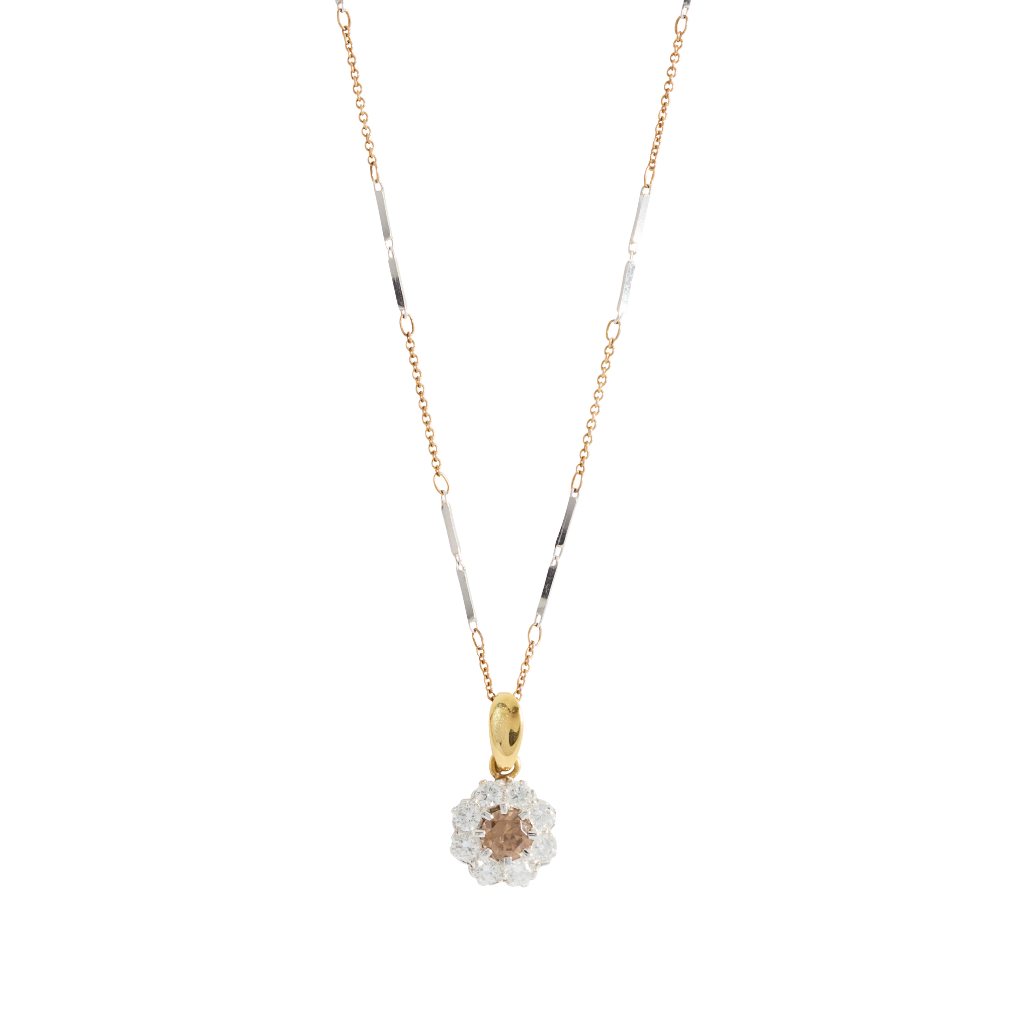 An 18ct gold fancy-coloured and colourless diamond cluster pendant