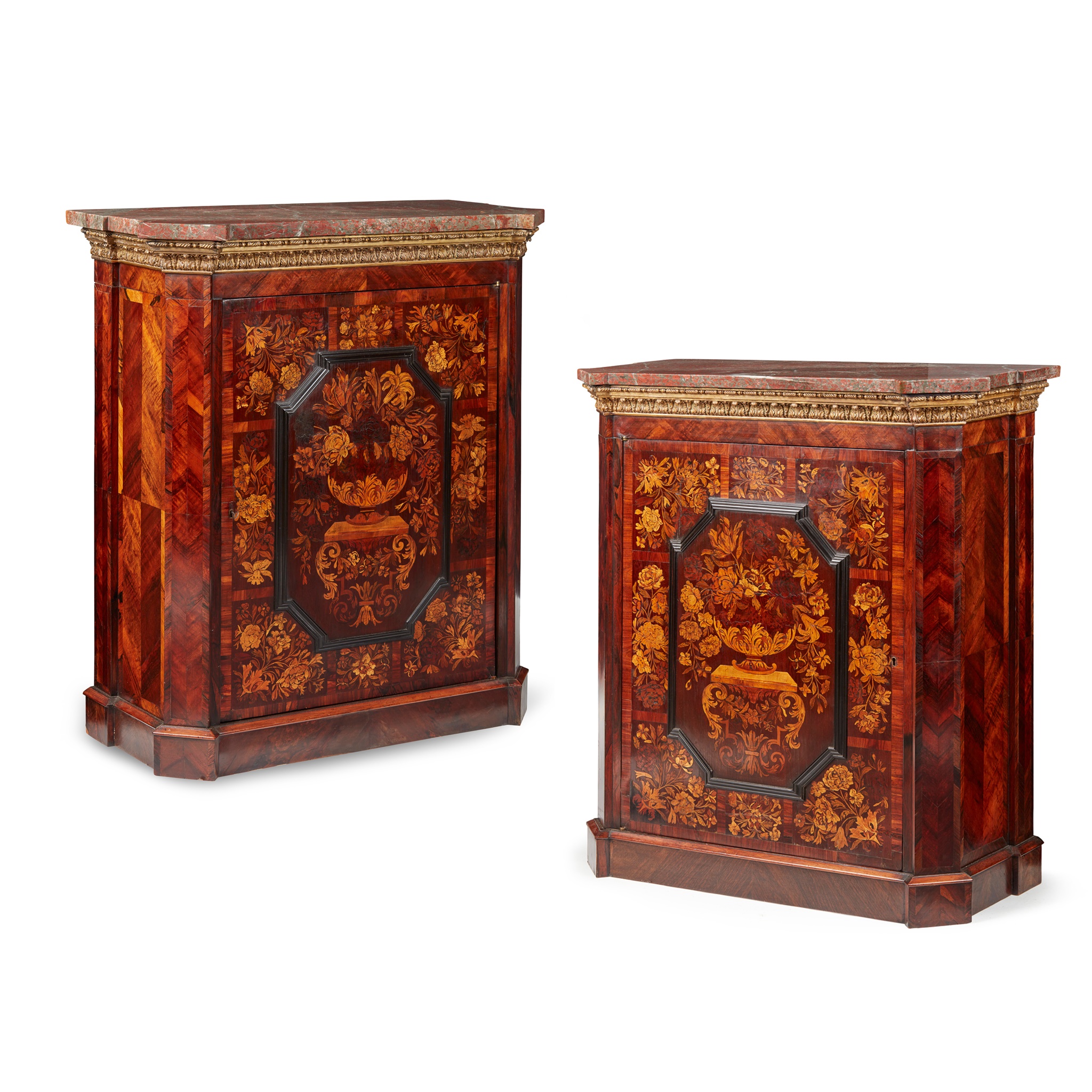 PAIR OF FINE DUTCH ROSEWOOD AND MARQUETRY MARBLE TOPPED PIER CABINETS