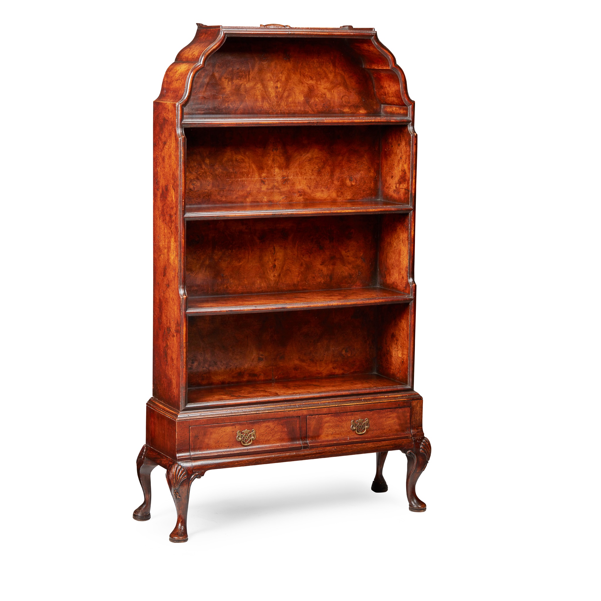 GEORGIAN STYLE BURR WALNUT OPEN WATERFALL BOOKCASE