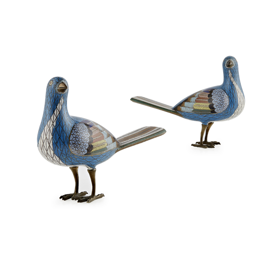 PAIR OF CLOISONNÉ ENAMEL MAGPIES