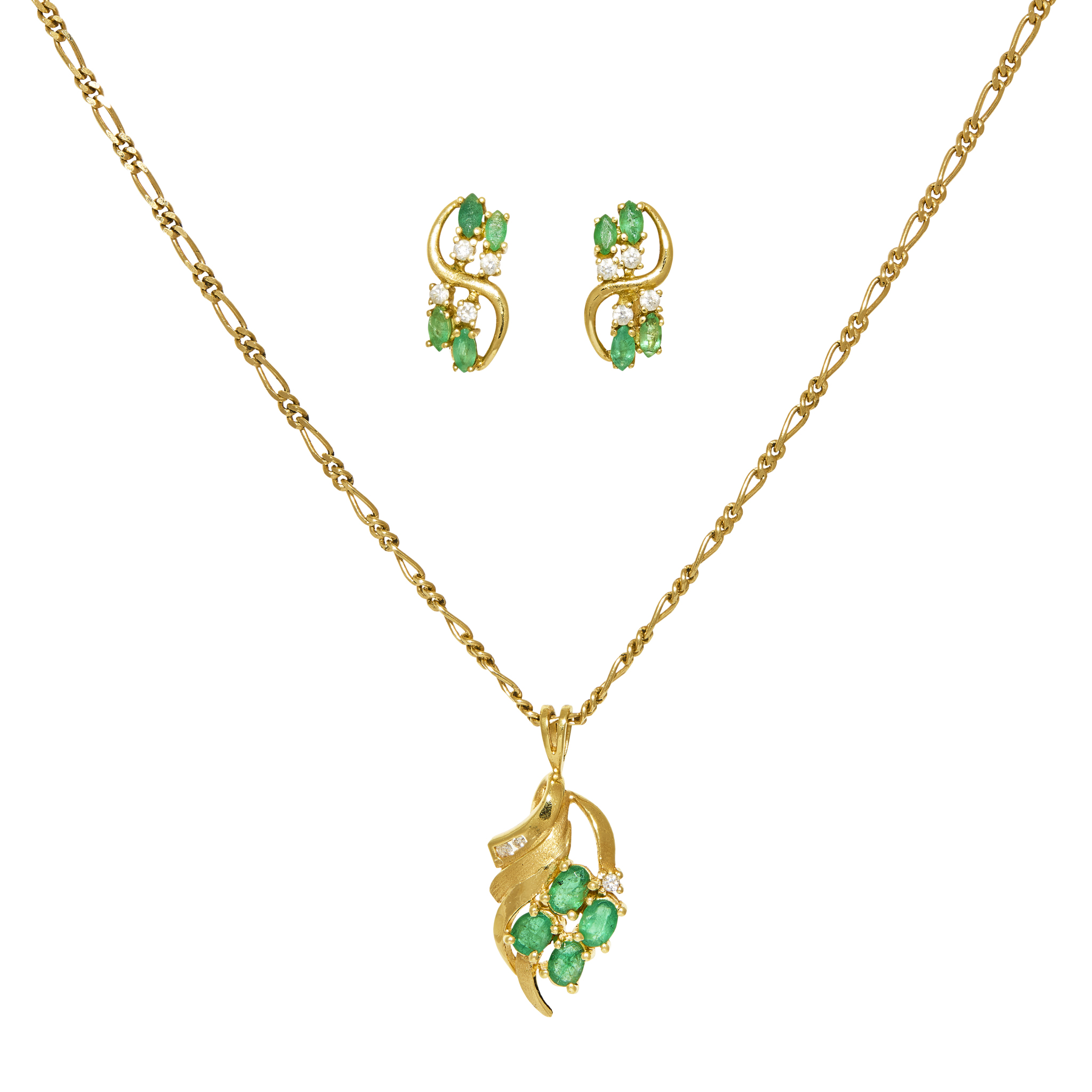 An emerald and diamond pendant and matching earrings