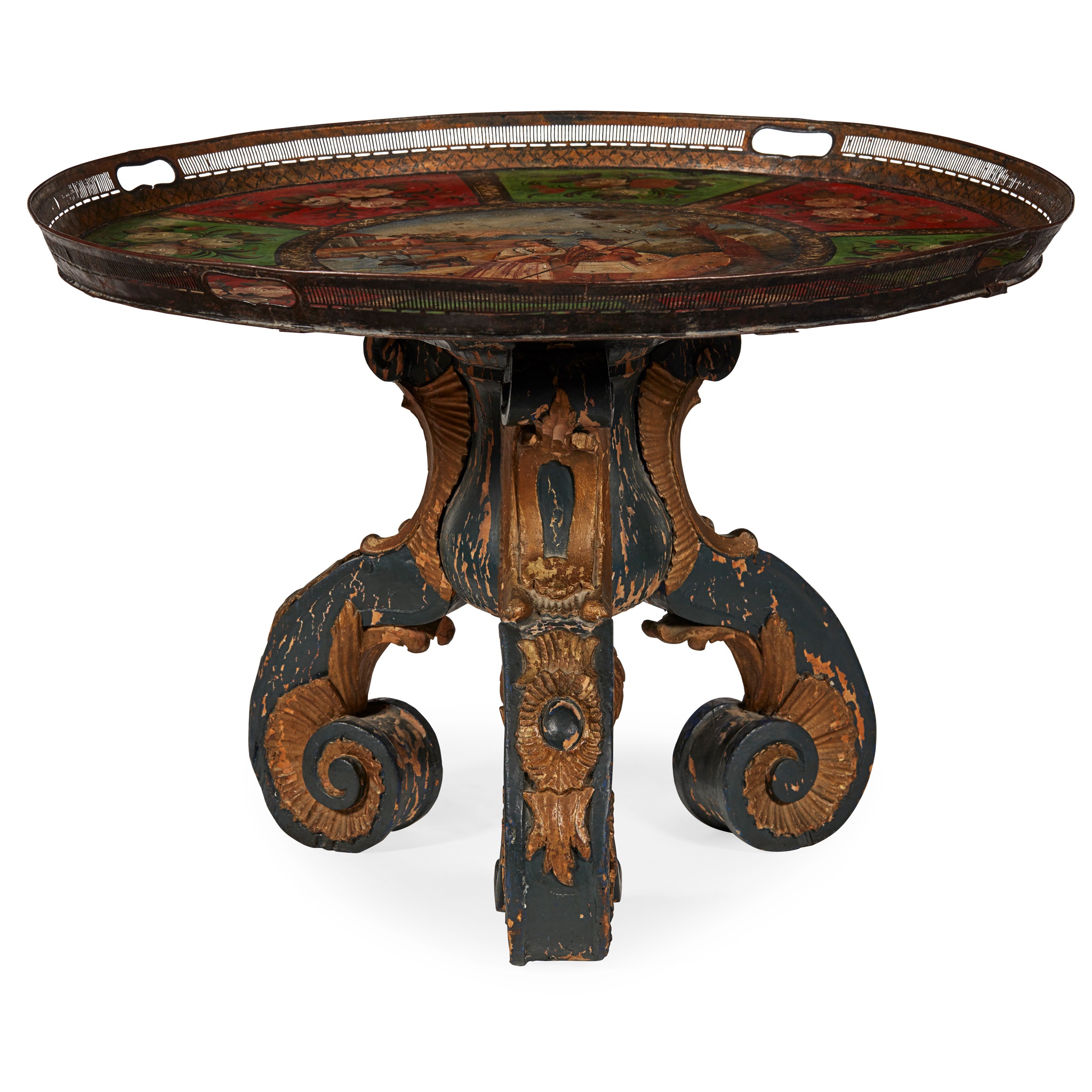 TOLE TRAY AND PARCEL-GILT CARVED OCCASIONAL TABLE