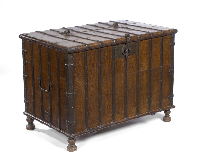 A Continental walnut and wrought iron bound coffre fort Probably late 16th/early 17th century