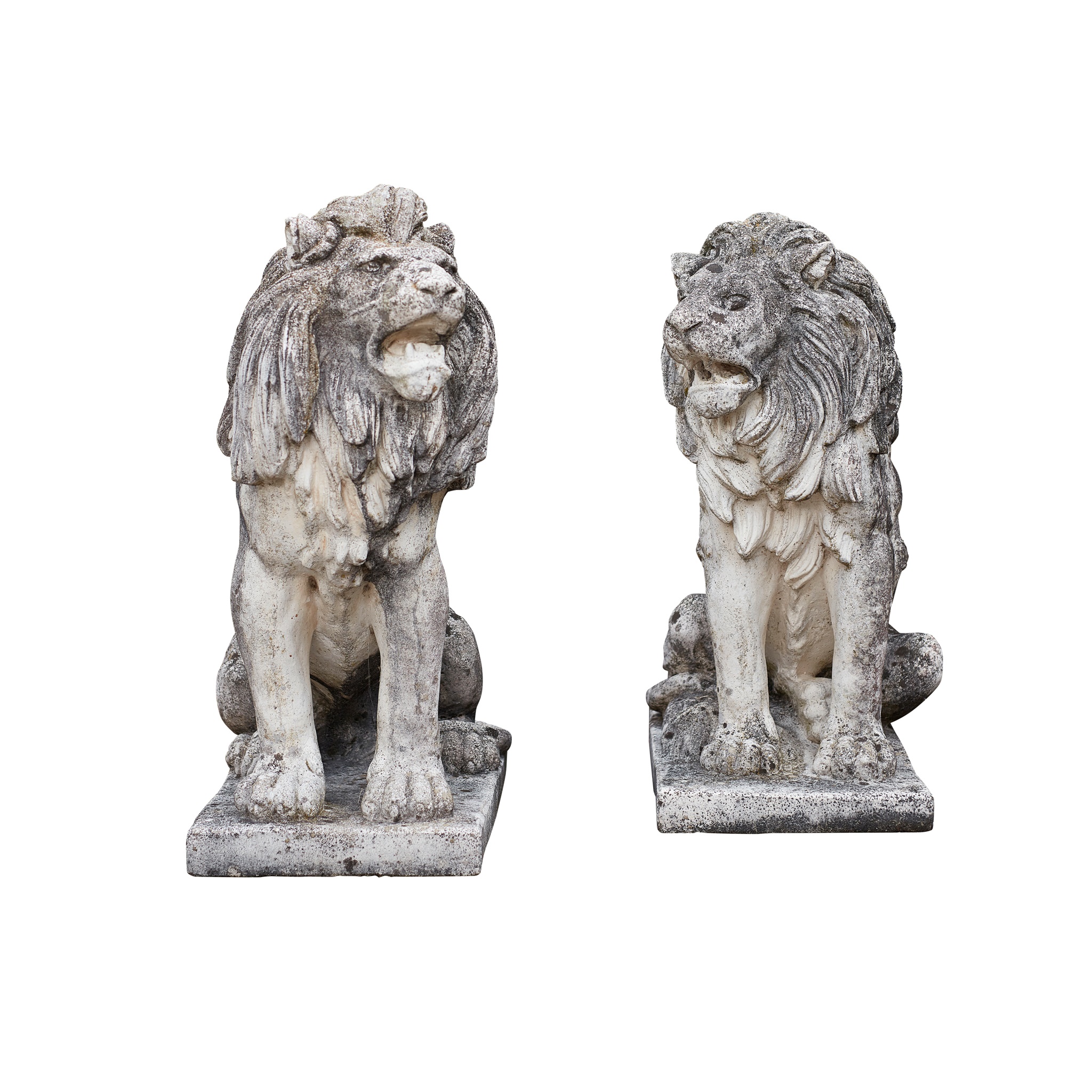 PAIR OF COMPOSITION STONE LIONS