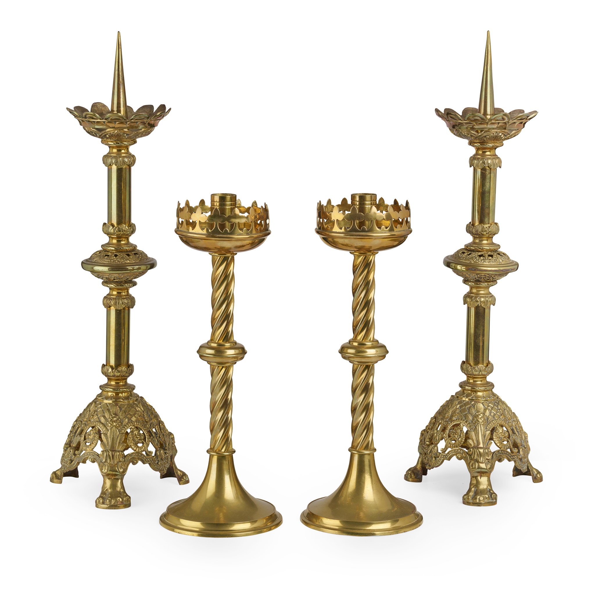 TWO PAIR OF BRASS CANDLESTICKS