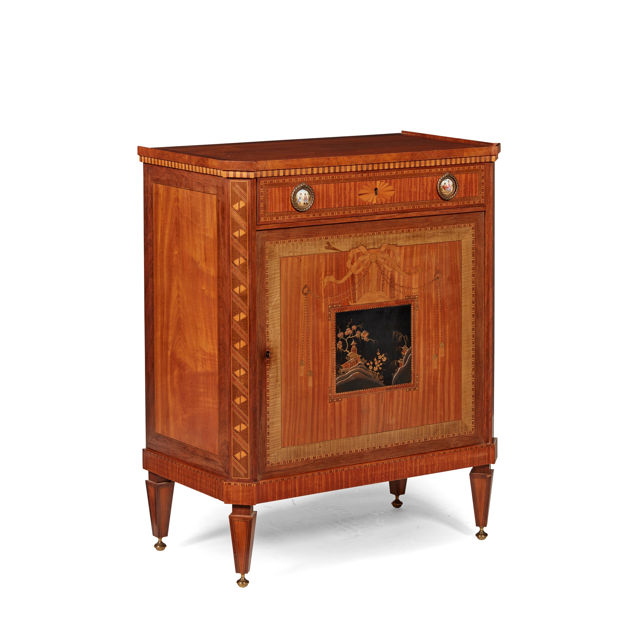 DUTCH NEOCLASSICAL STYLE MAHOGANY, SATINWOOD, MARQUETRY AND LACQUER CABINET