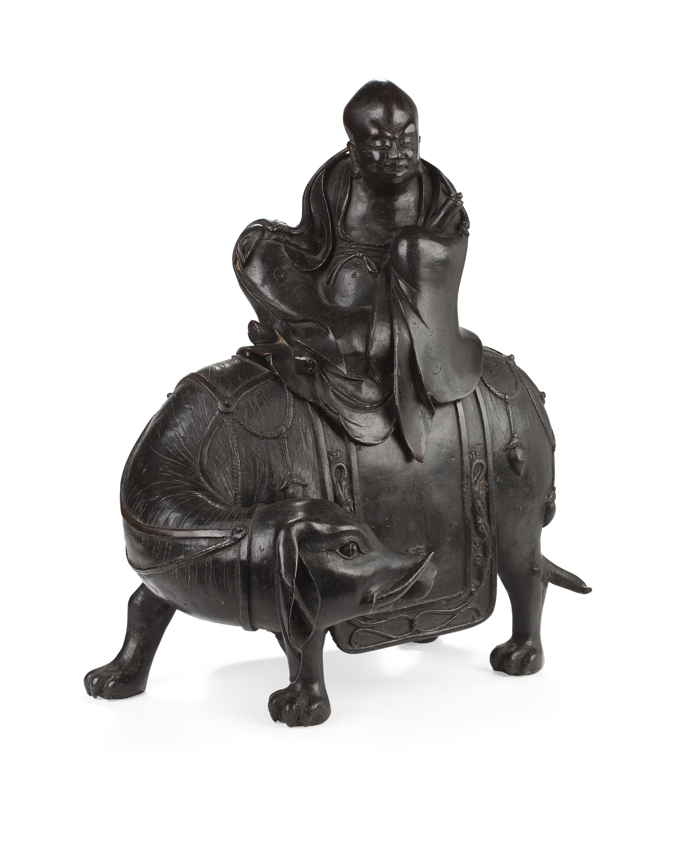 CHINESE BRONZE FIGURE OF A SAGE RIDING AN ELEPHANT