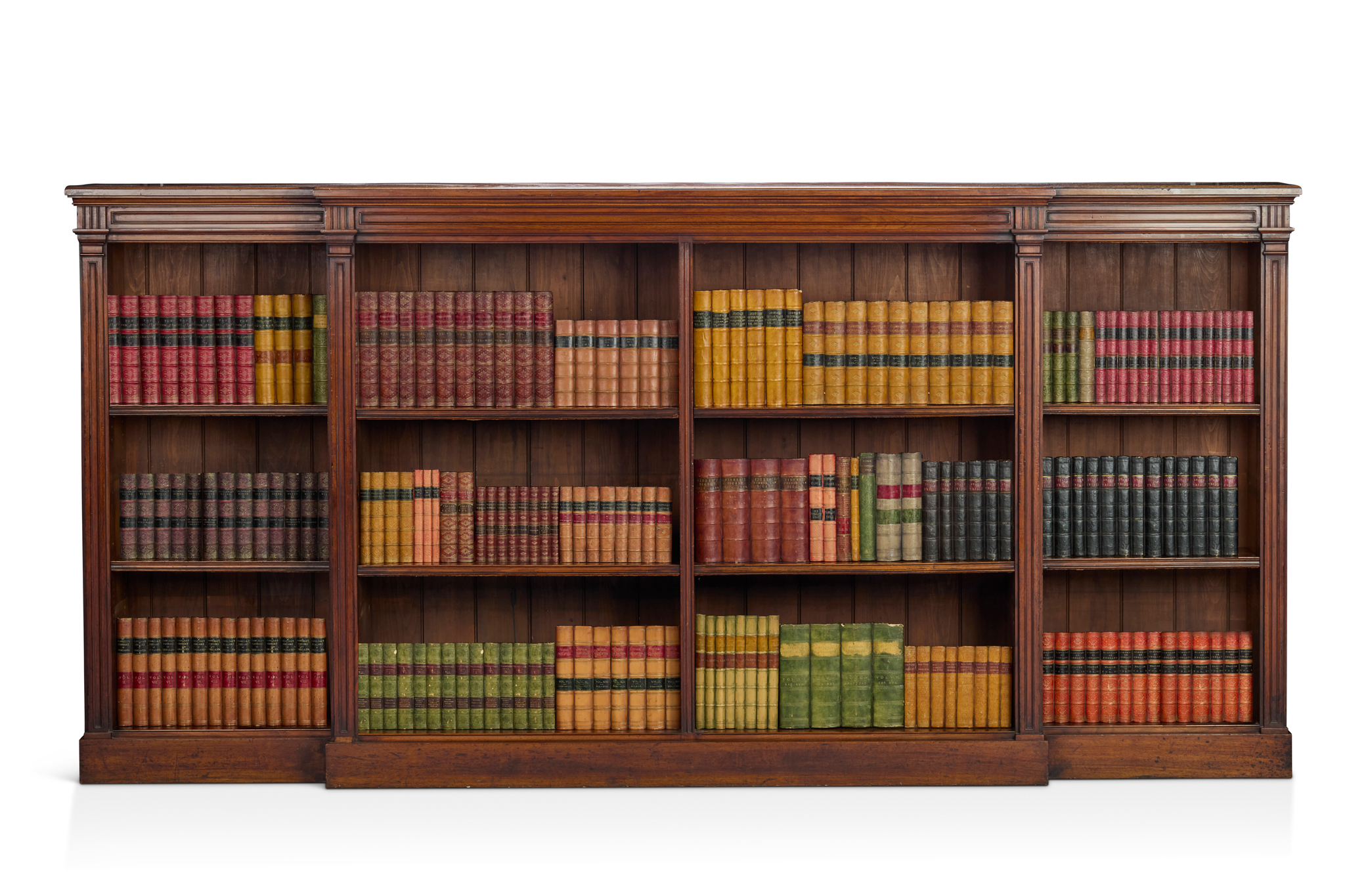 EDWARDIAN LARGE MAHOGANY OPEN BREAKFRONT BOOKCASE