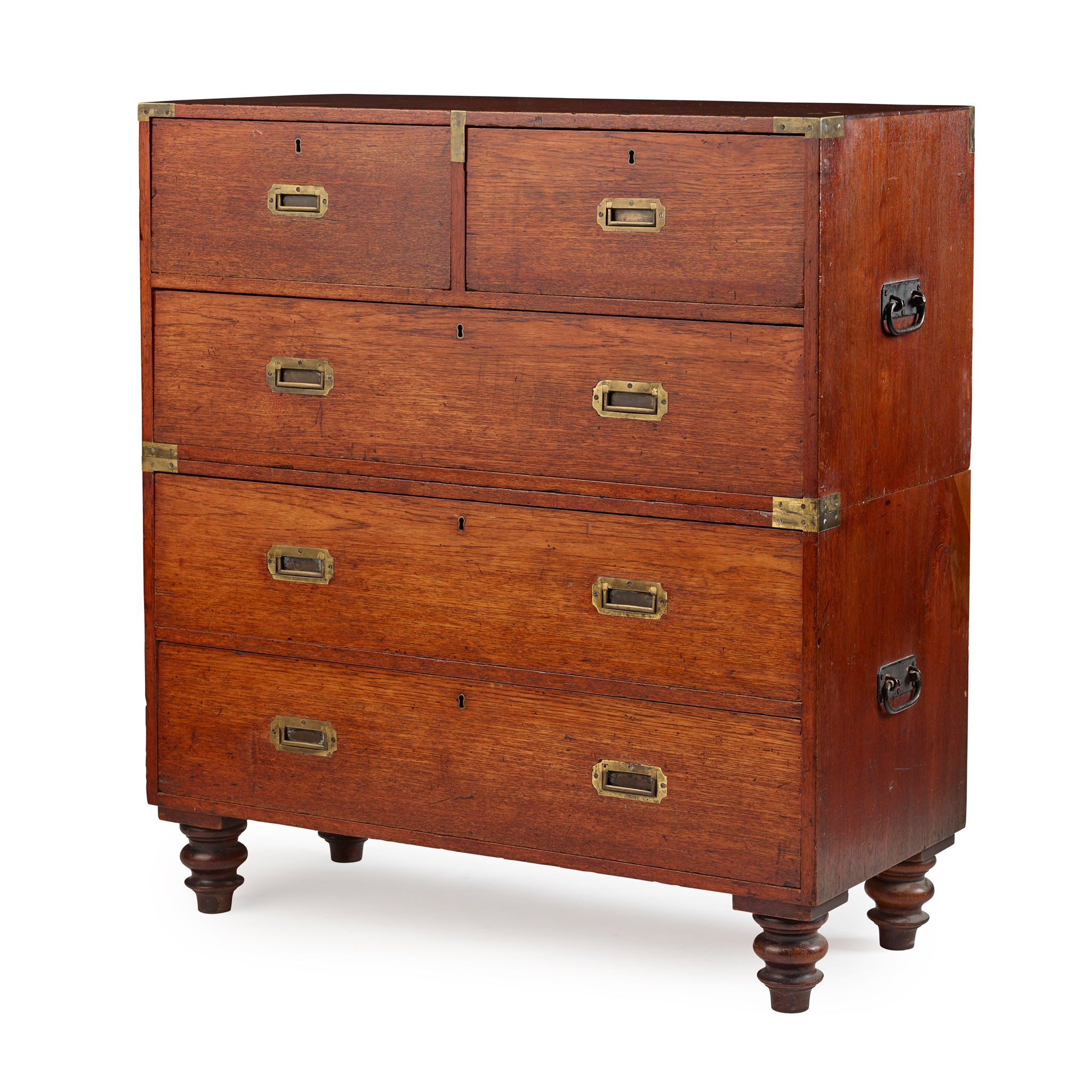 TEAK AND BRASS CAMPAIGN CHEST OF DRAWERS