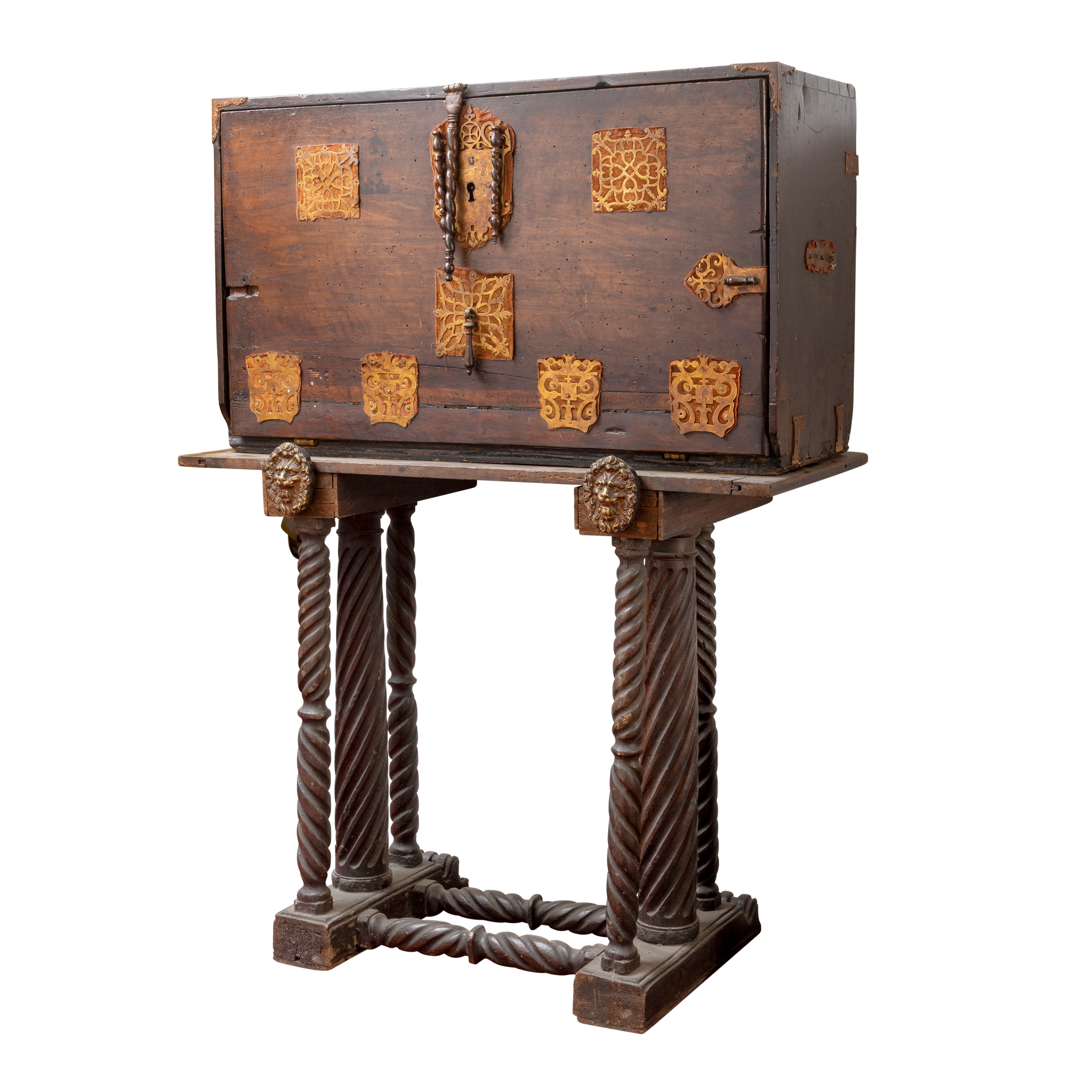 A SPANISH WALNUT TABLE CABINET ON STAND