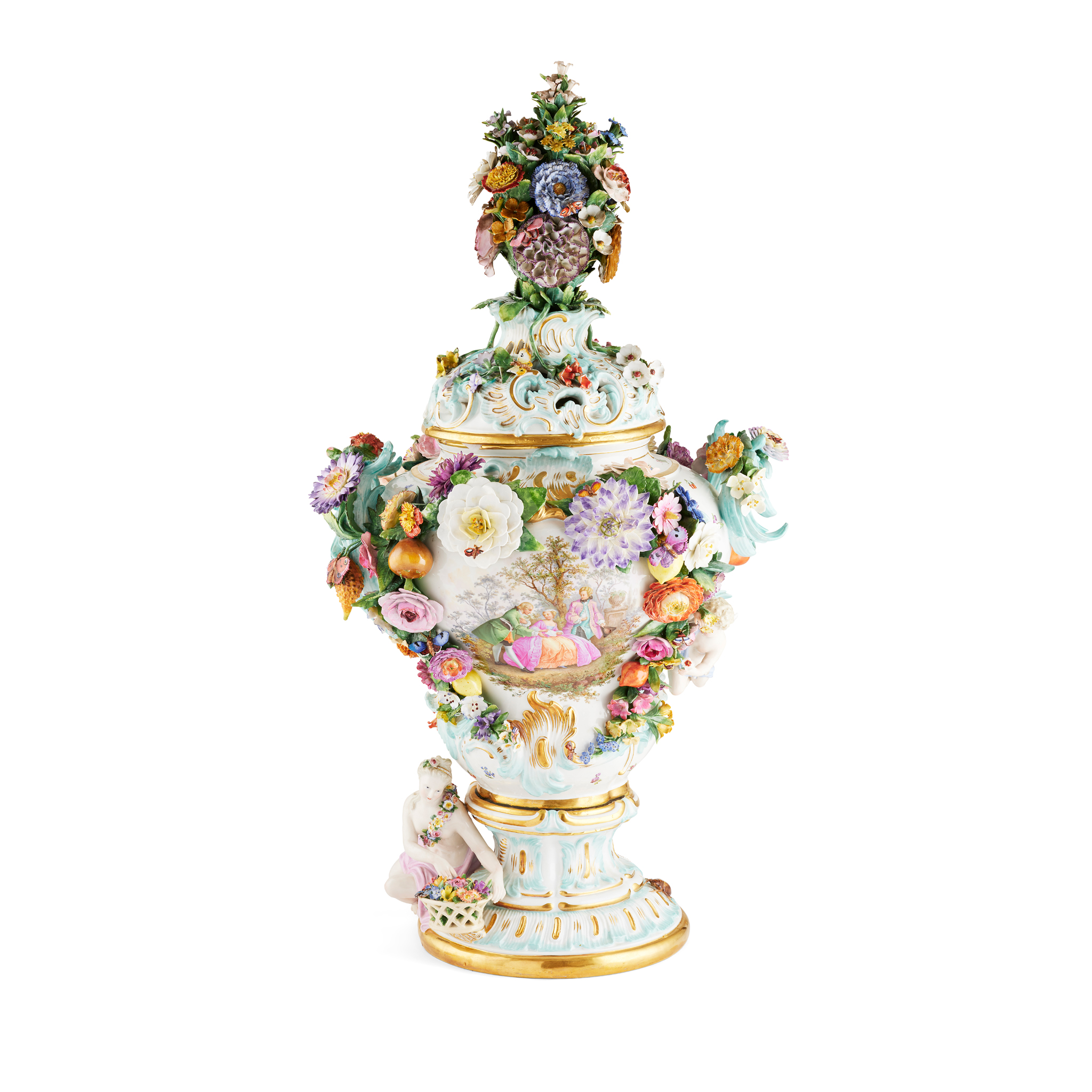 LARGE MEISSEN FLOWER ENCRUSTED POT POURRI VASE AND COVER