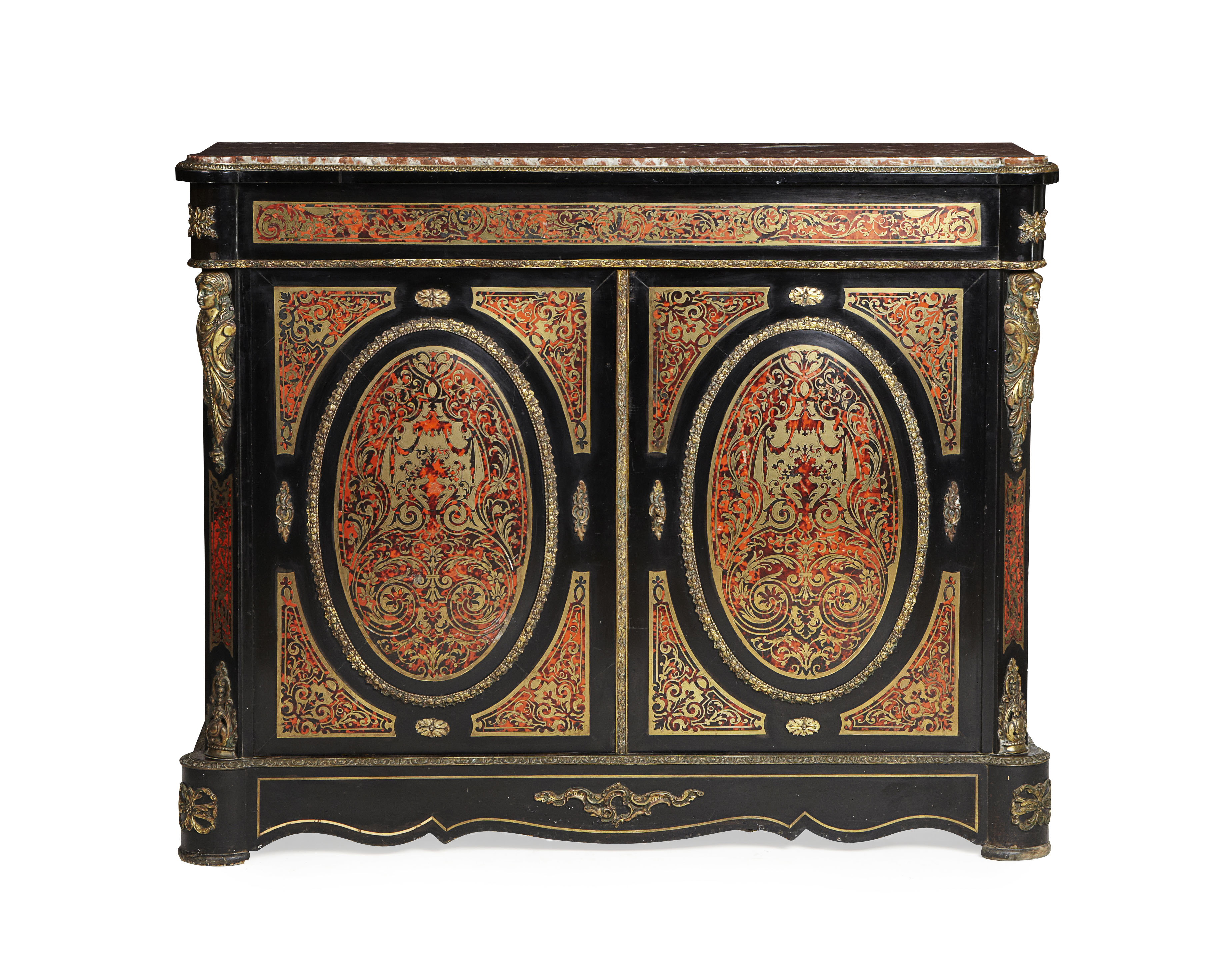 NAPOLEON III EBONISED AND BOULLE MARQUETRY MARBLE TOP SIDE CABINET