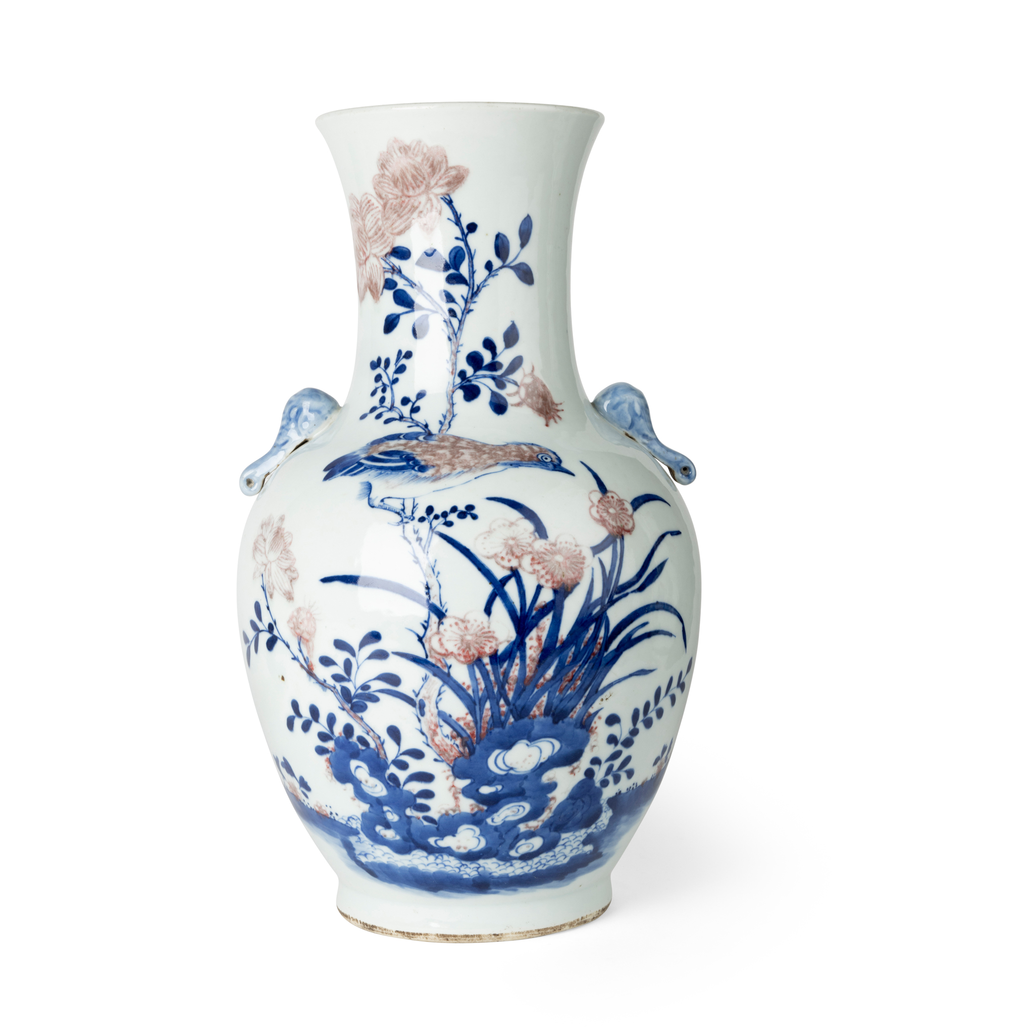 CHINESE UNDERGLAZE BLUE WITH COPPER-RED HU-FORM ELEPHANT-HANDLED VASE