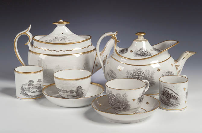 A Barr, Flight and Barr white and gilt grisaille printed part tea and coffee service,
