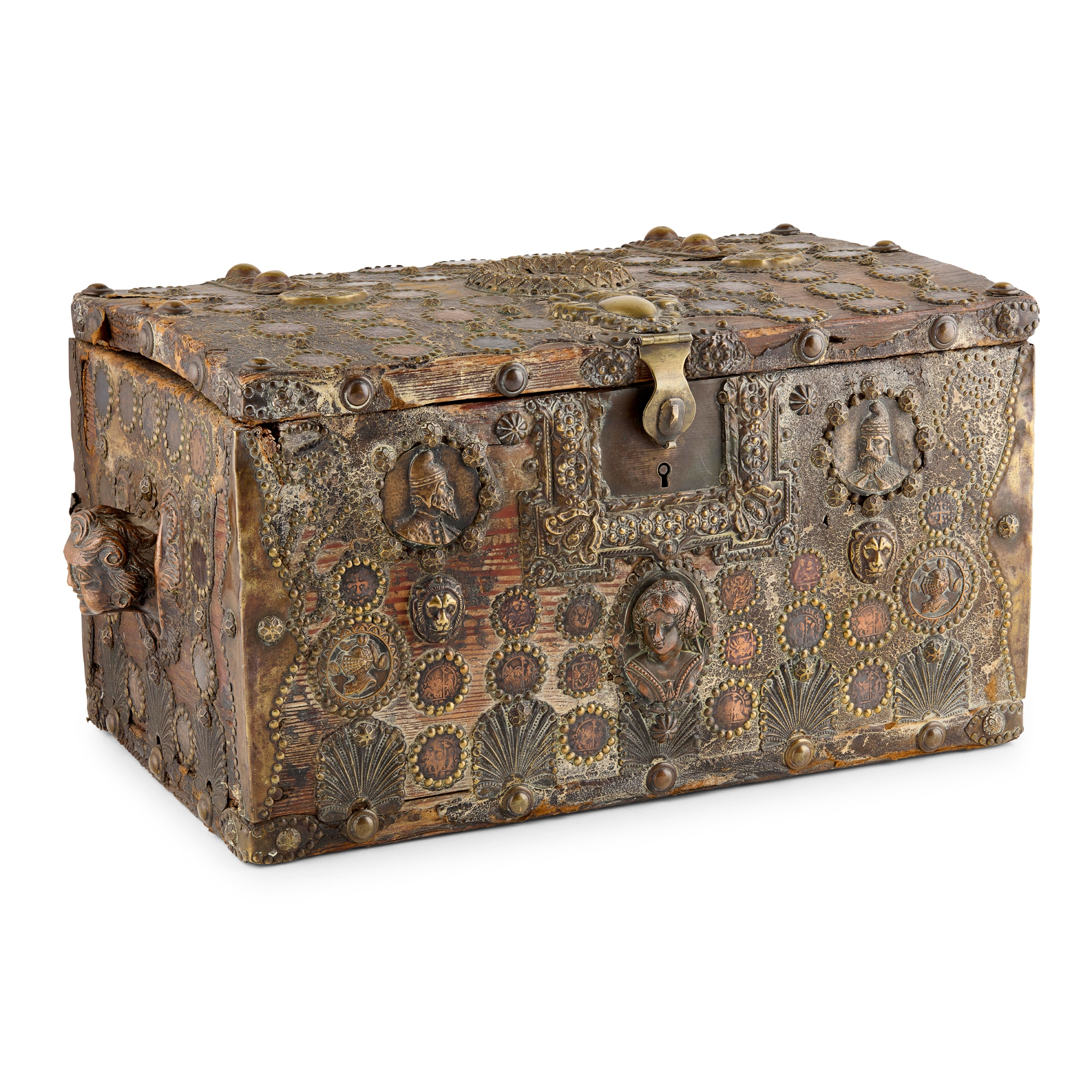 ITALIAN PINE, LEATHER, STUDDED AND MEDALLION MOUNTED BOX