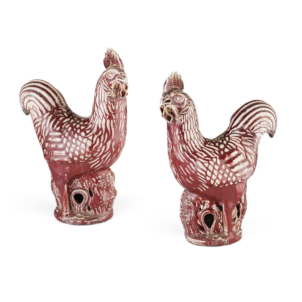 PAIR OF FLAMBÉ GLAZED PORCELAIN COCKERELS