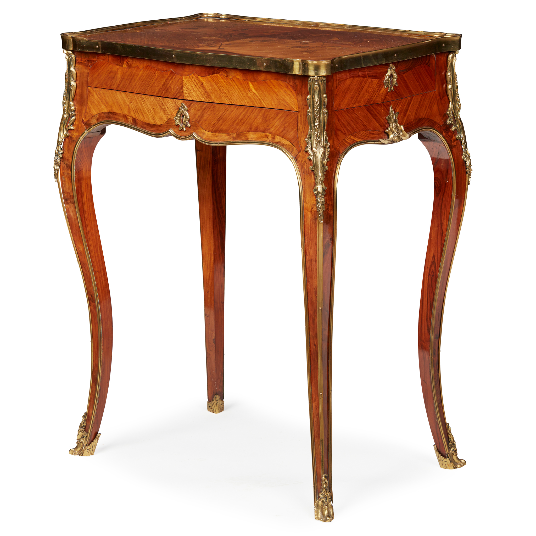 LOUIS XV STYLE TULIPWOOD AND MARQUETRY BRASS MOUNTED WORK TABLE