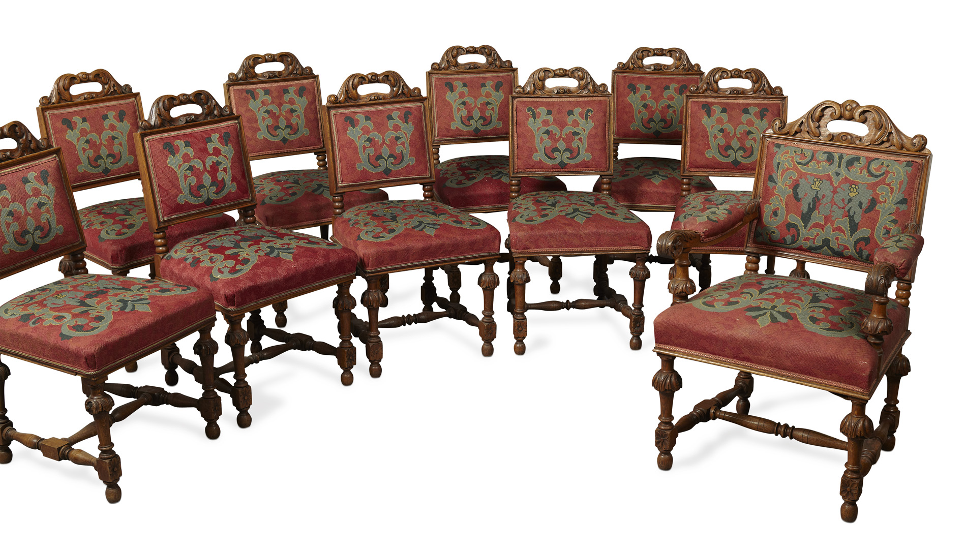 SET OF TWENTY VICTORIAN CARVED OAK DINING CHAIRS