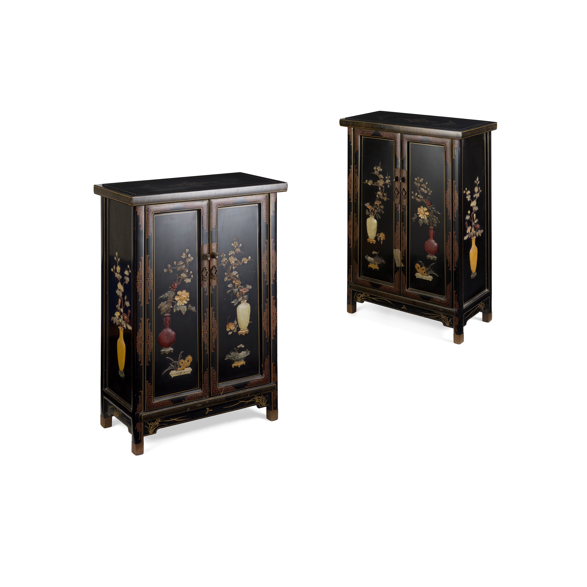 PAIR OF LACQUERED AND HARDSTONE INLAID CABINETS